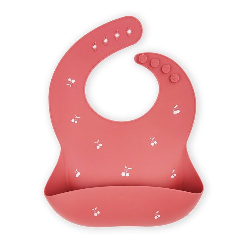 Wholesale dusty pink silicone feeding bib with custom cherry print and deep crumb catcher