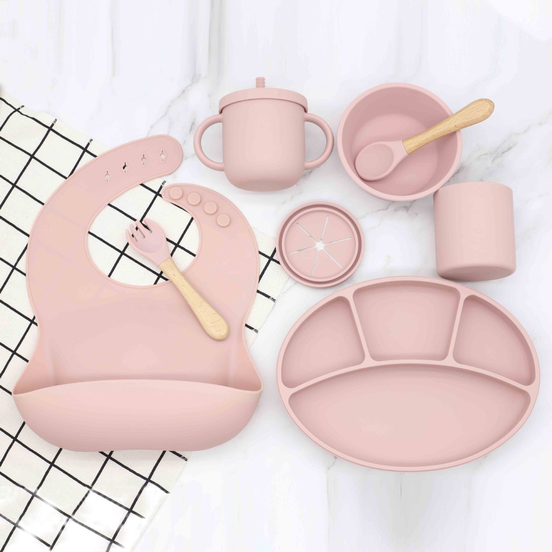 All-in-One Silicone Baby Feeding Set 7 Piece with 4-Section Petal Plate Two Cups Bib Utensils