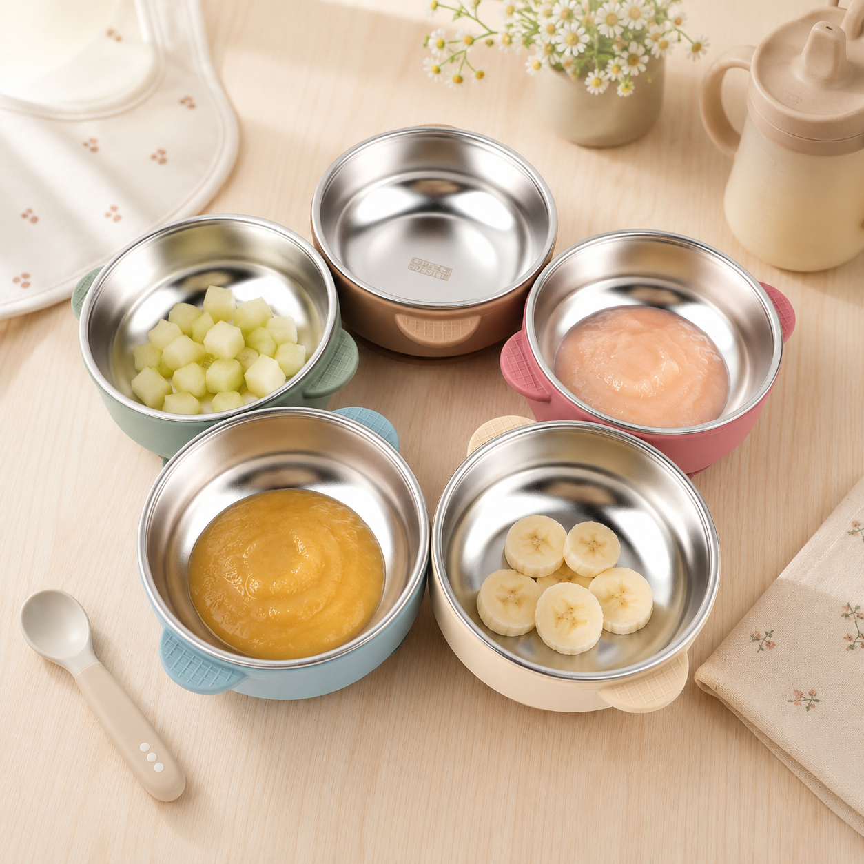 Stainless steel baby bowl holding hot food with anti-scald silicone shell