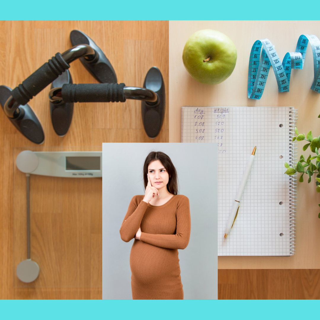 Pregnancy health tracking - scale, woman, apple, measuring tape, and journal.