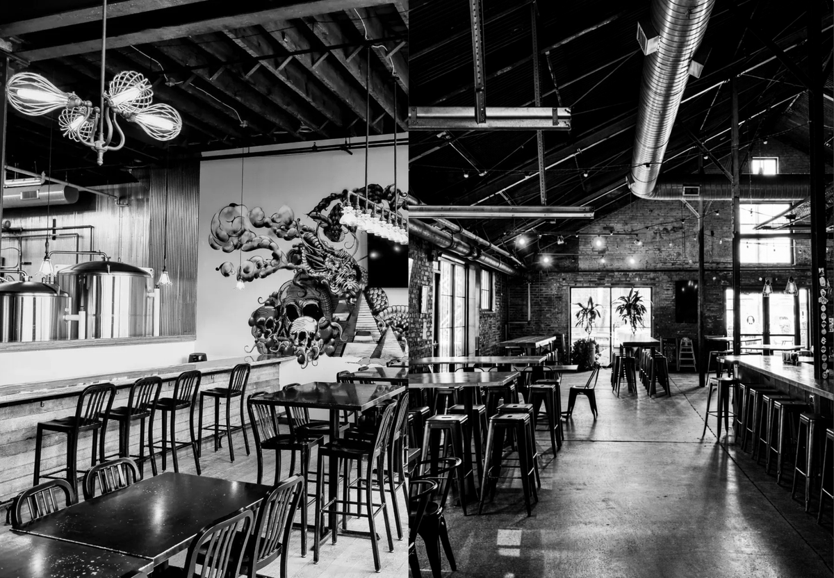 A black and white photo showing two different industrial style brewery taprooms side by side