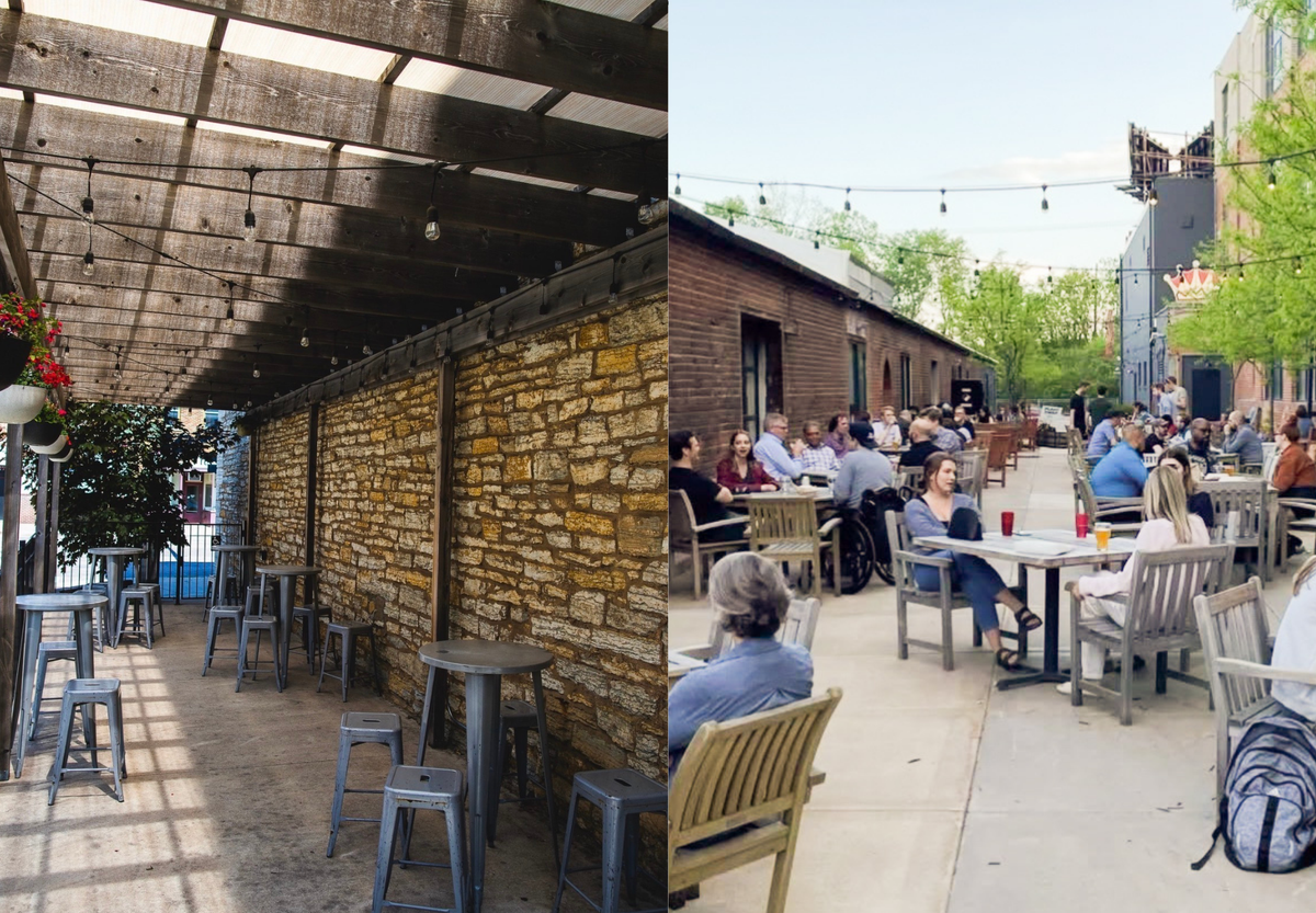 Two brewery patios full of tables and chairs side by side. The patio on the right is busy and full of patrons