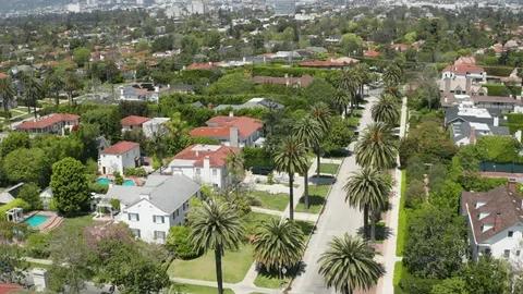 Aerial view of palm-lined streets and Spanish-style homes in a leafy LA neighborhood