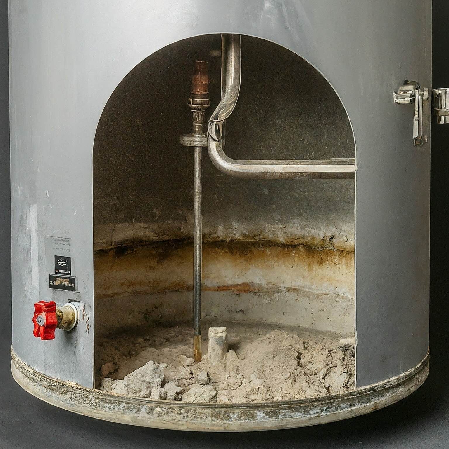 Cutaway of a water heater tank with thick mineral sediment built up at the bottom