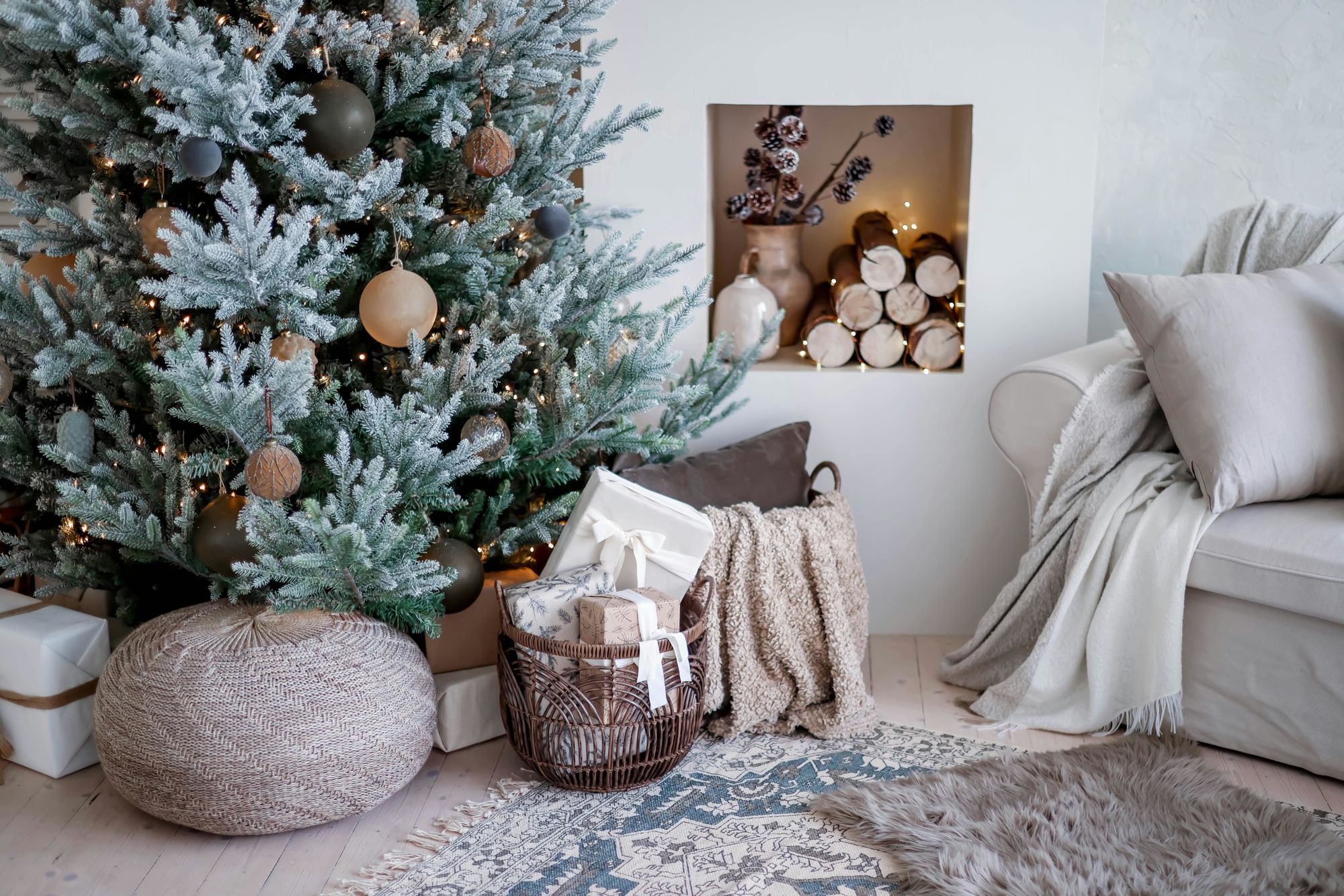 Cozy living room with a frosted Christmas tree, knit pouf, stacked firewood and a cream sofa