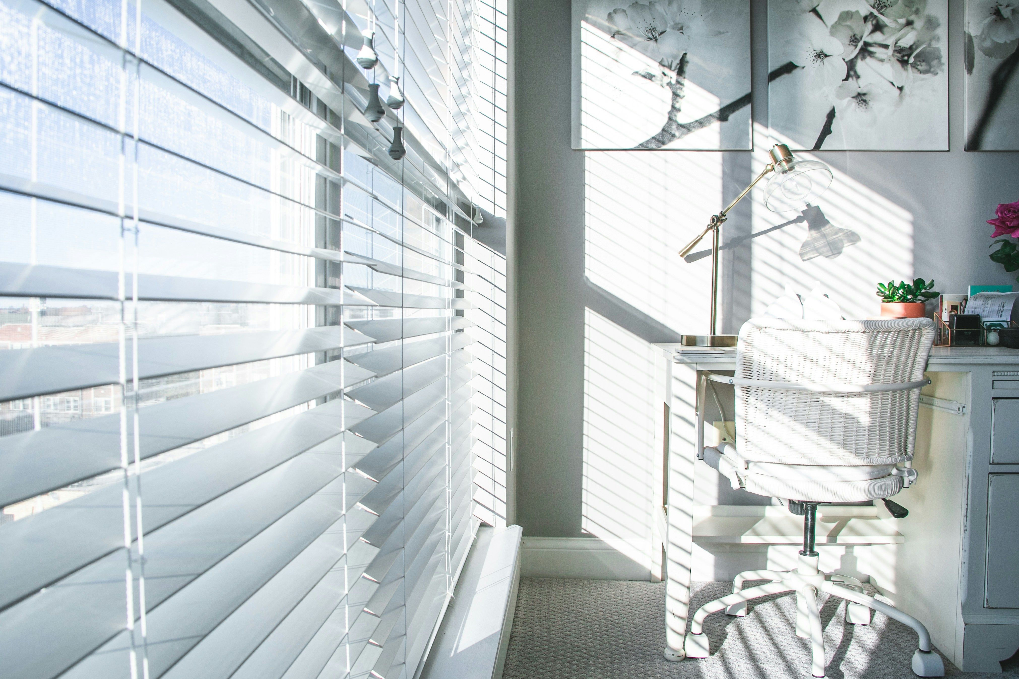 Sunlight filtering through window blinds in a home