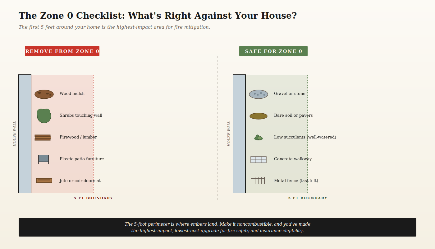 Zone 0 checklist: remove mulch, shrubs and firewood within five feet; use gravel, pavers and succulents