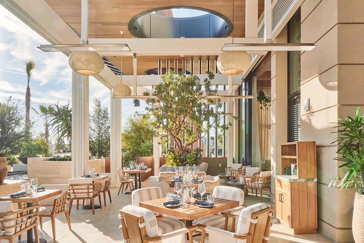 Sunny outdoor restaurant terrace with wooden tables, woven lanterns and a central olive tree