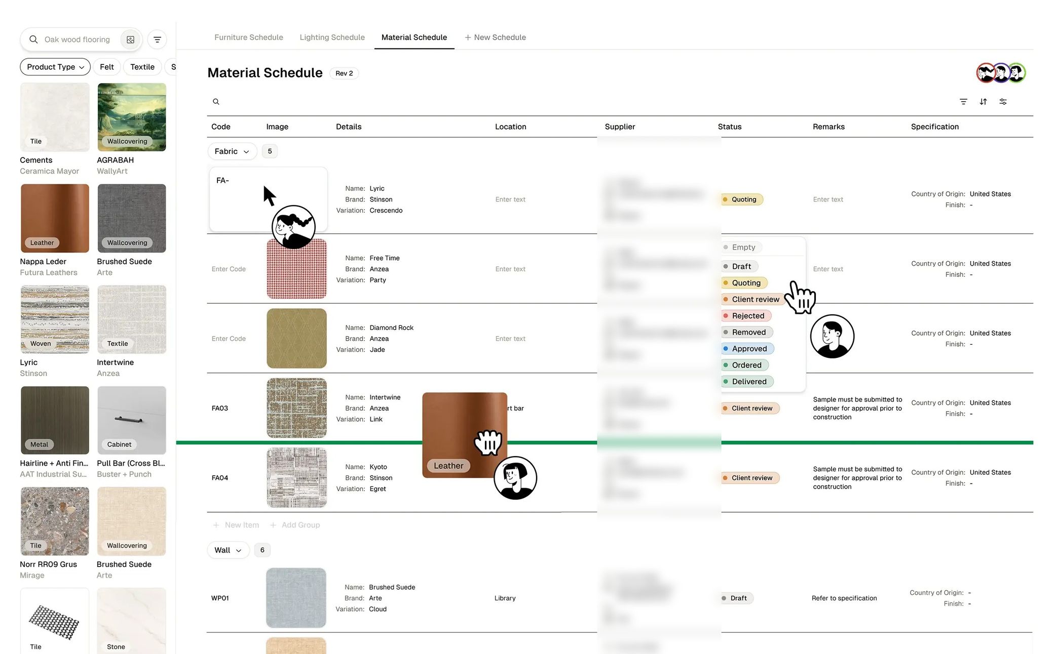 A Matterbase material schedule with a row for each specified material, showing product names, brands and approval status