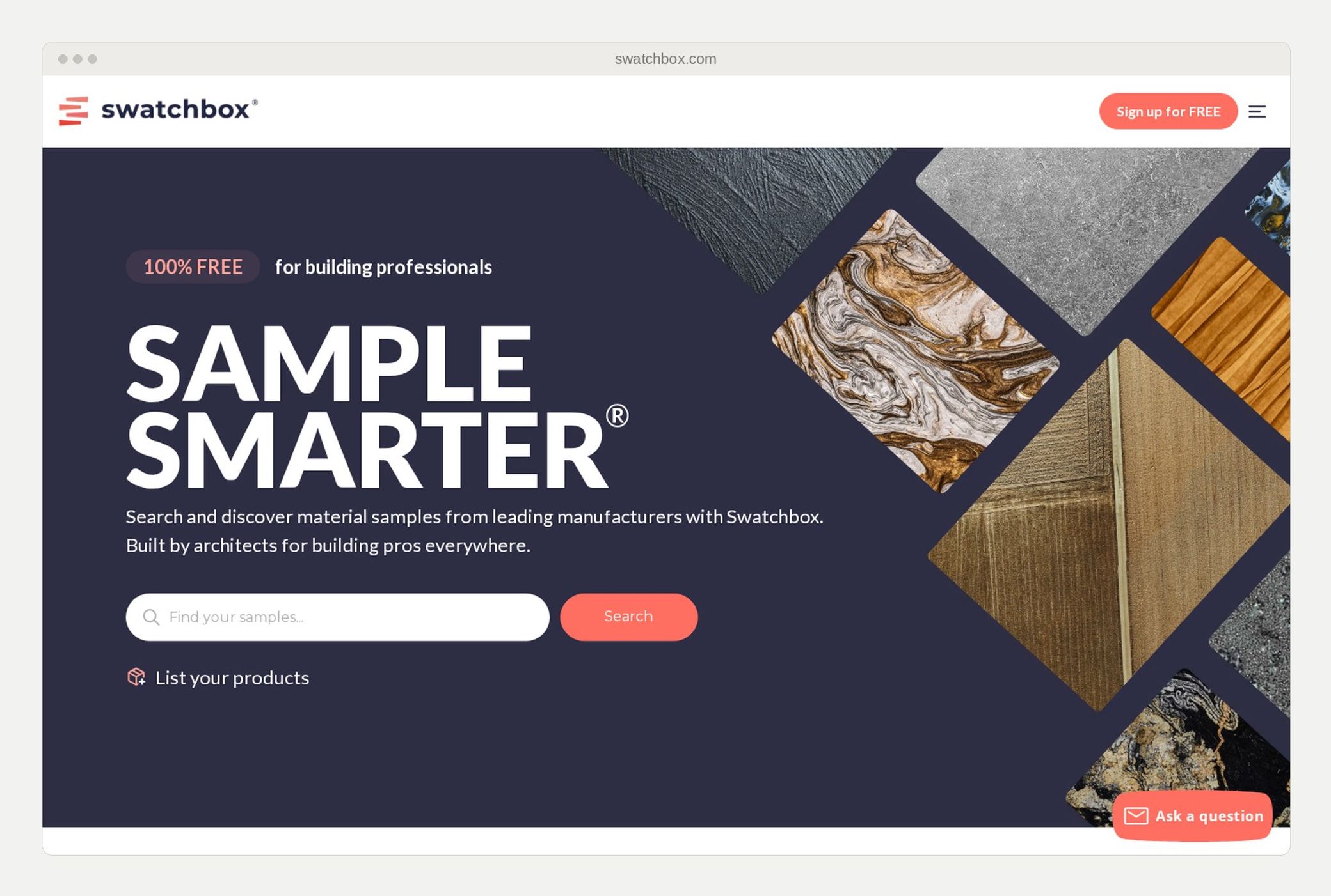 The Swatchbox homepage, with a sample search box beside photographs of stone and wood samples