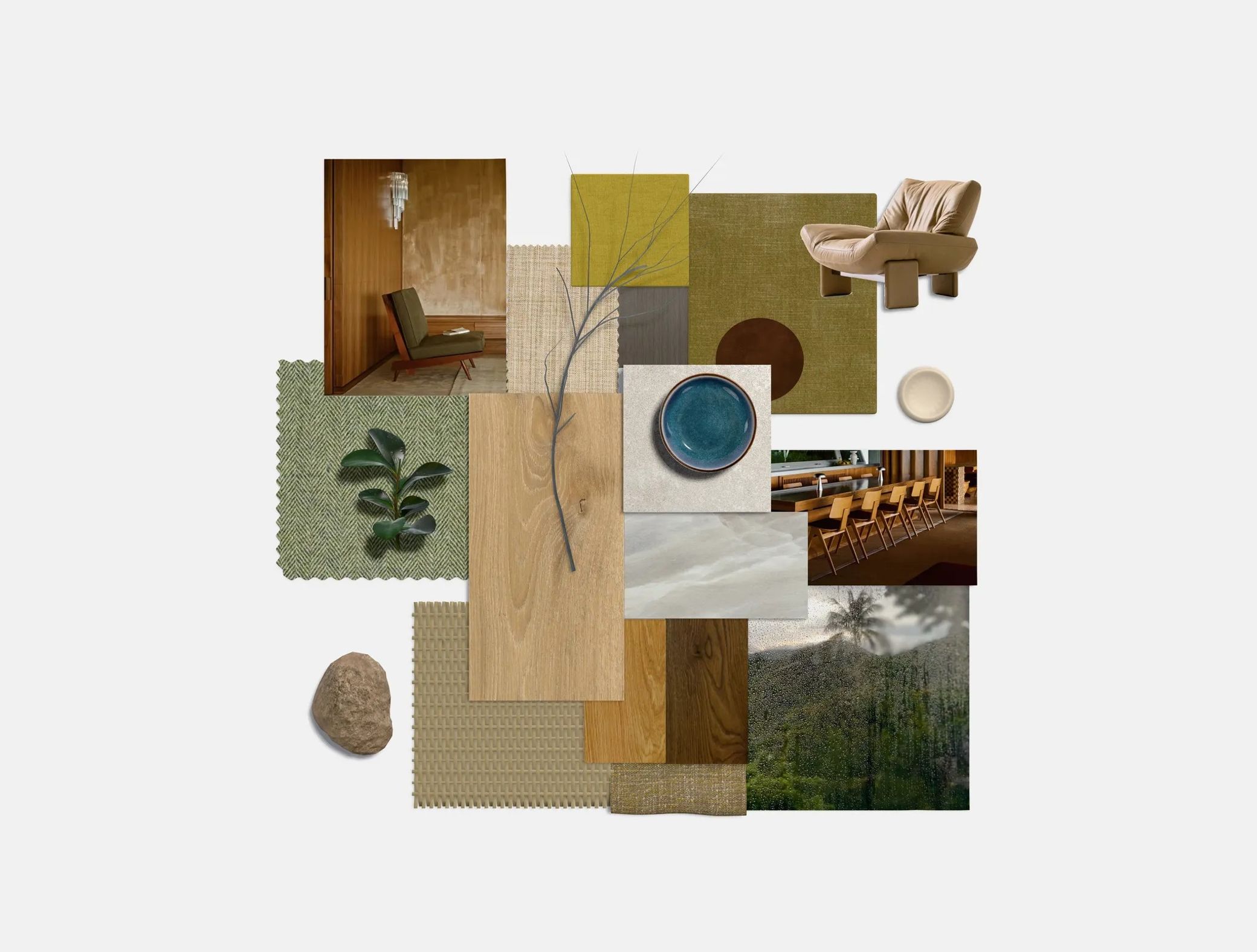 Earthy Retreat mood board with three Hakwood oak floorings, olive and ochre textiles and a tan Minotti armchair