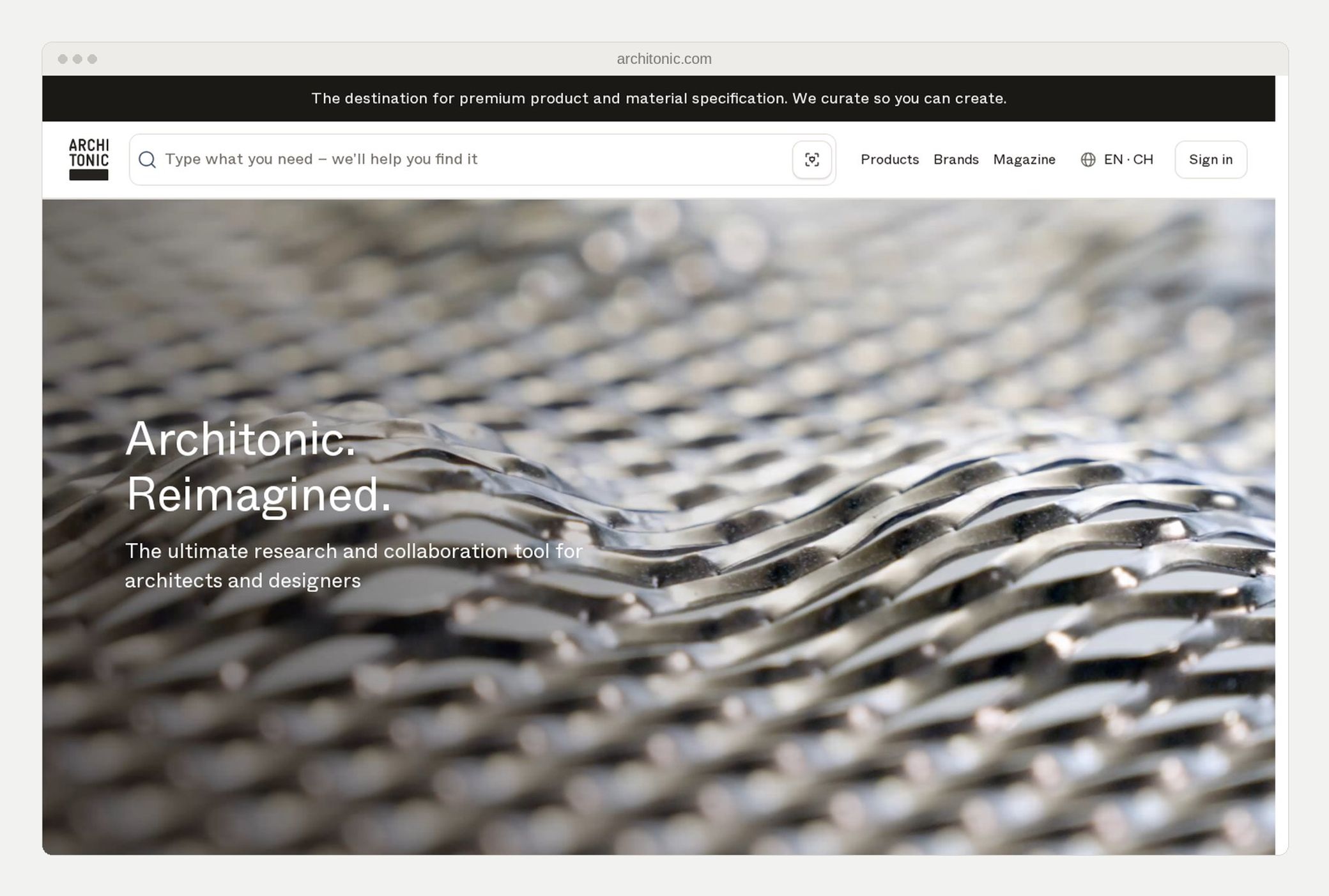 The Architonic homepage, with a product search over a close-up of woven metal