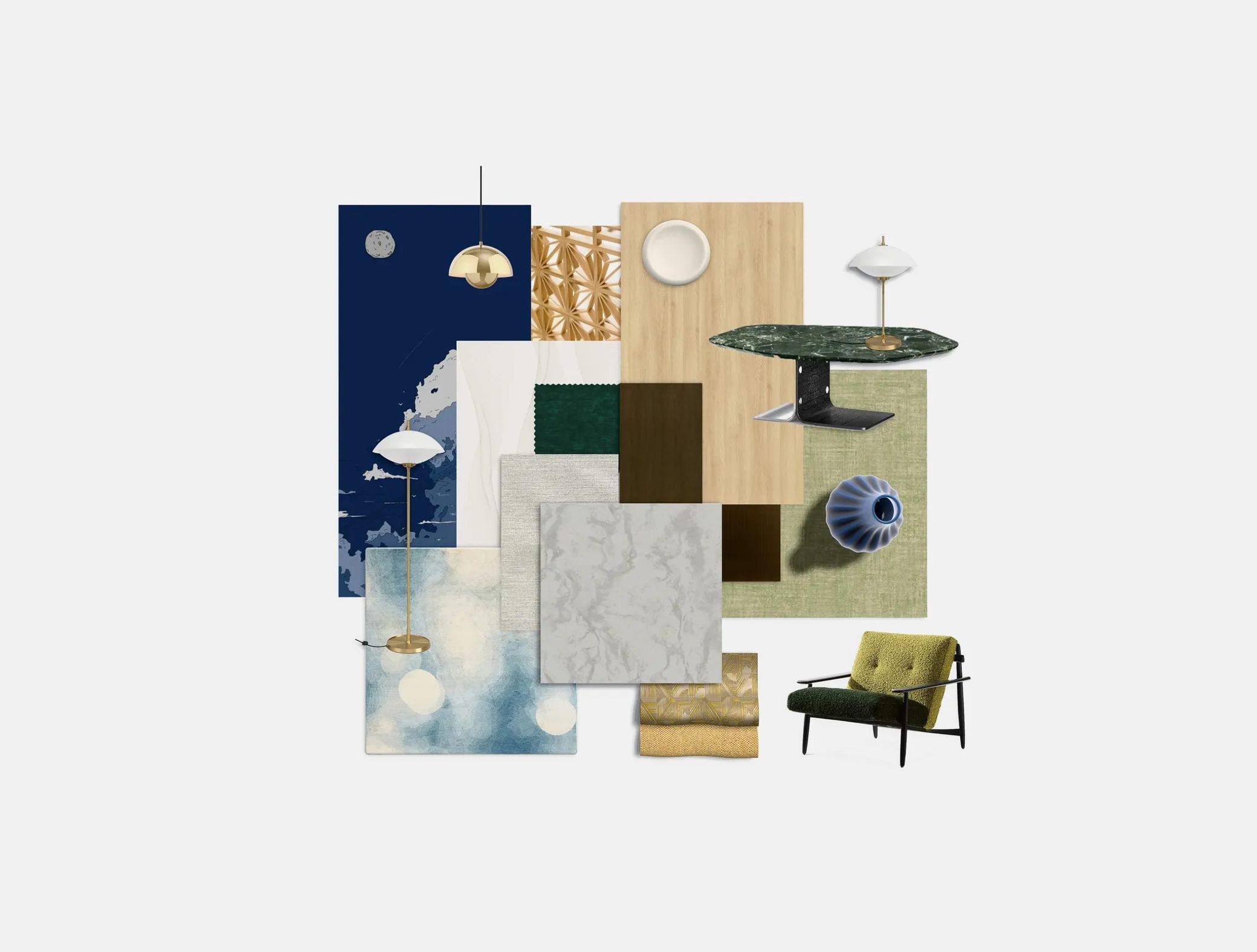 Wabi Elegance mood board pairing pale oak laminate with an indigo mural, grey solid surface and an olive Minotti armchair