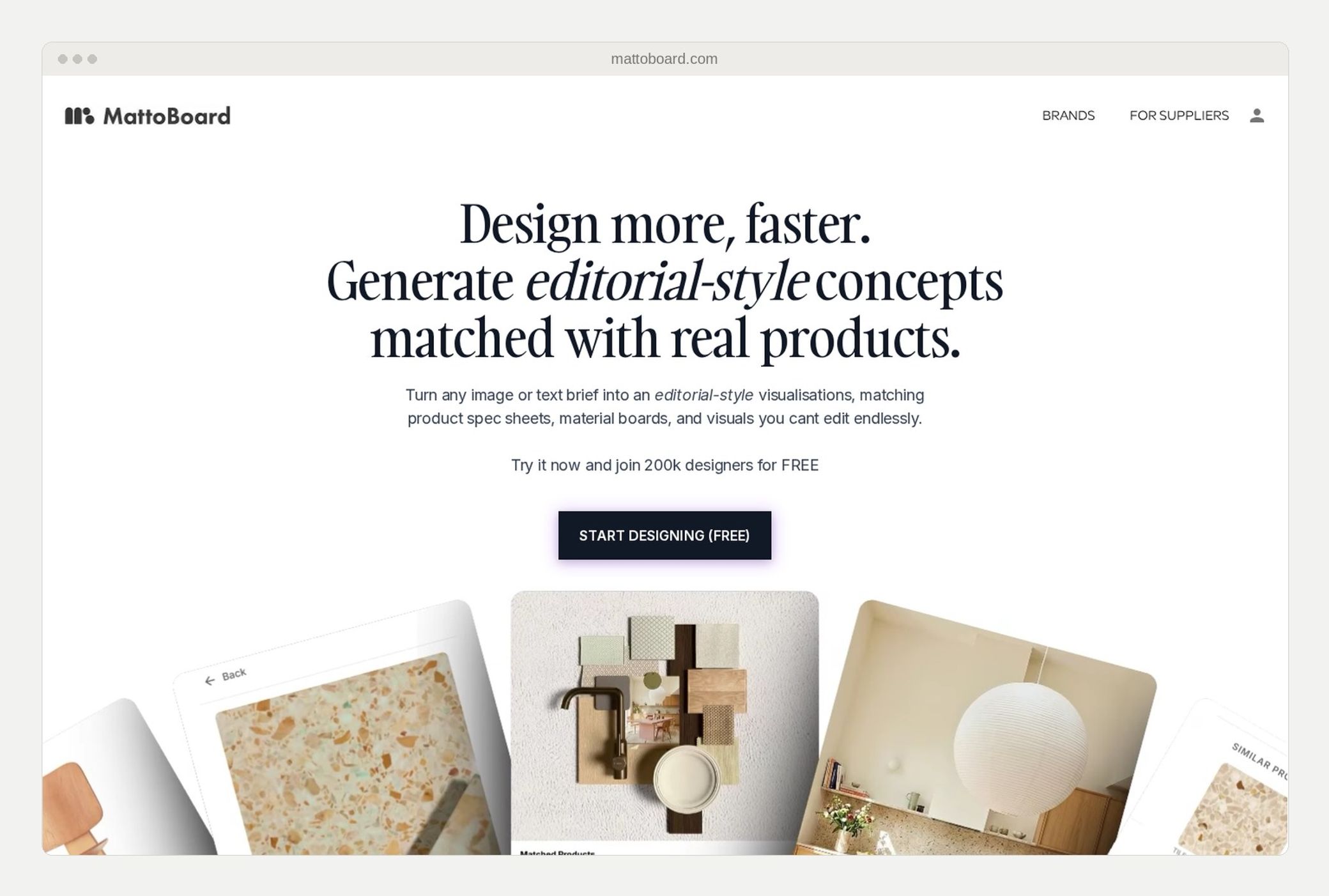 The Mattoboard homepage, showing generated concept boards matched to real products