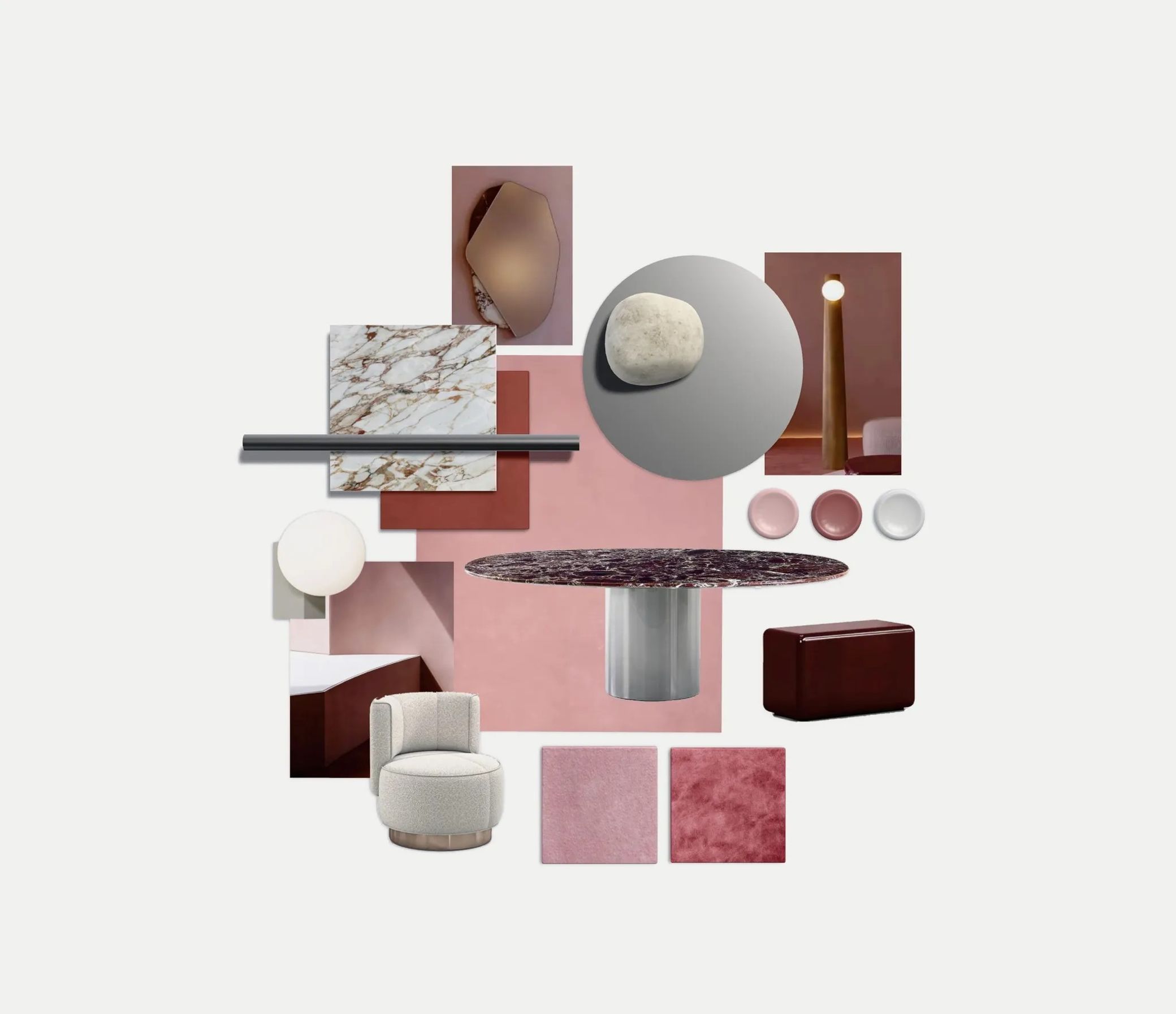Serene Modern mood board built around pink plaster tones, gold-veined porcelain, a dark marble dining table and cream Minotti armchair