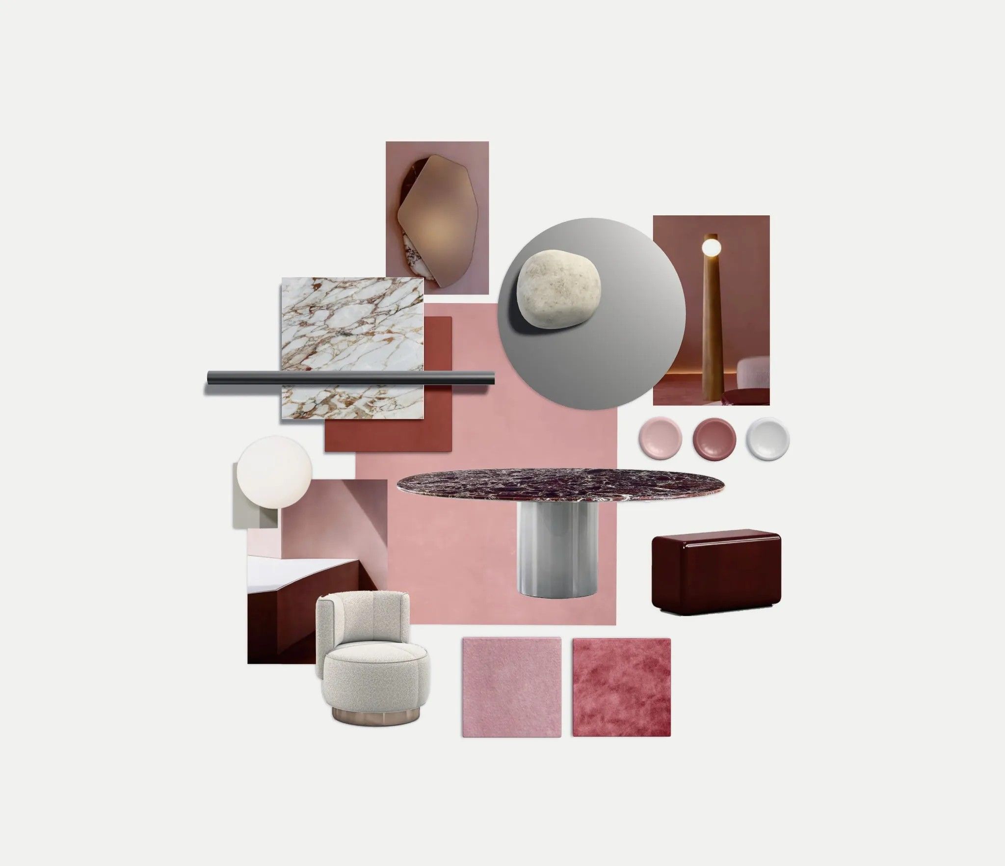 Serene Modern mood board built around pink plaster tones, gold-veined porcelain, a dark marble dining table and cream Minotti armchair