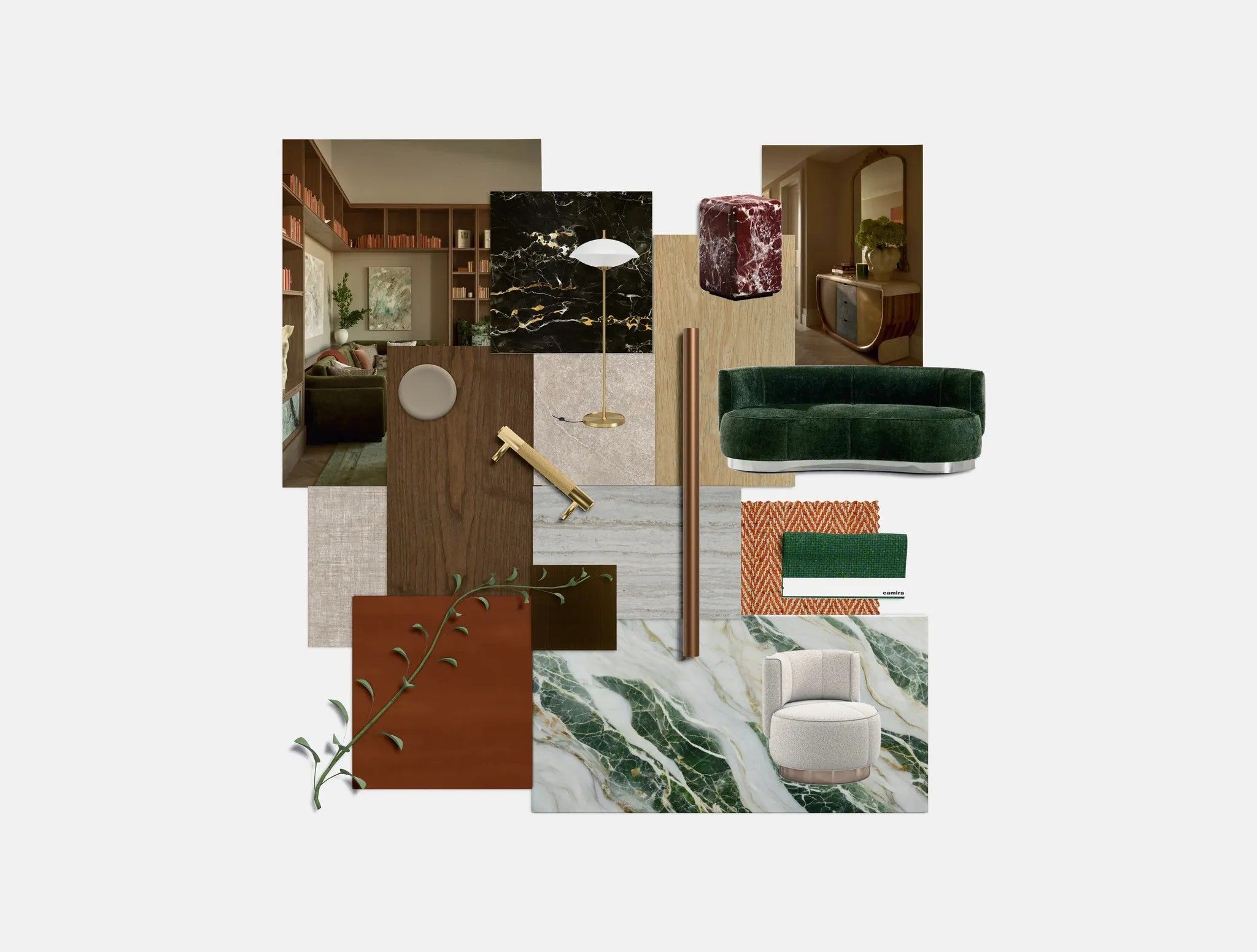Verdant Heritage mood board with a deep green marble slab, dark walnut, terracotta accents and a green velvet Minotti sofa