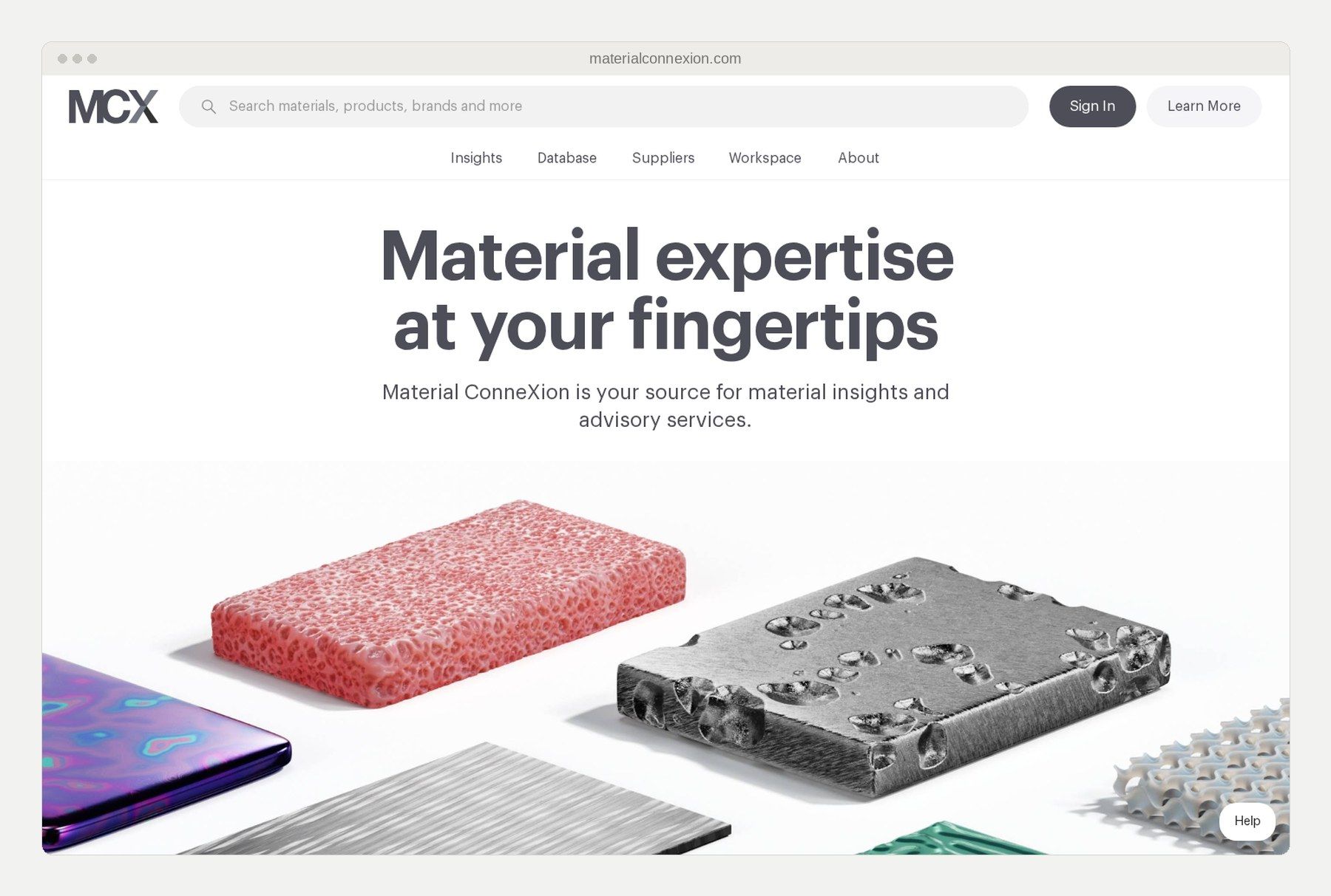 The Material ConneXion homepage, showing blocks of engineered materials
