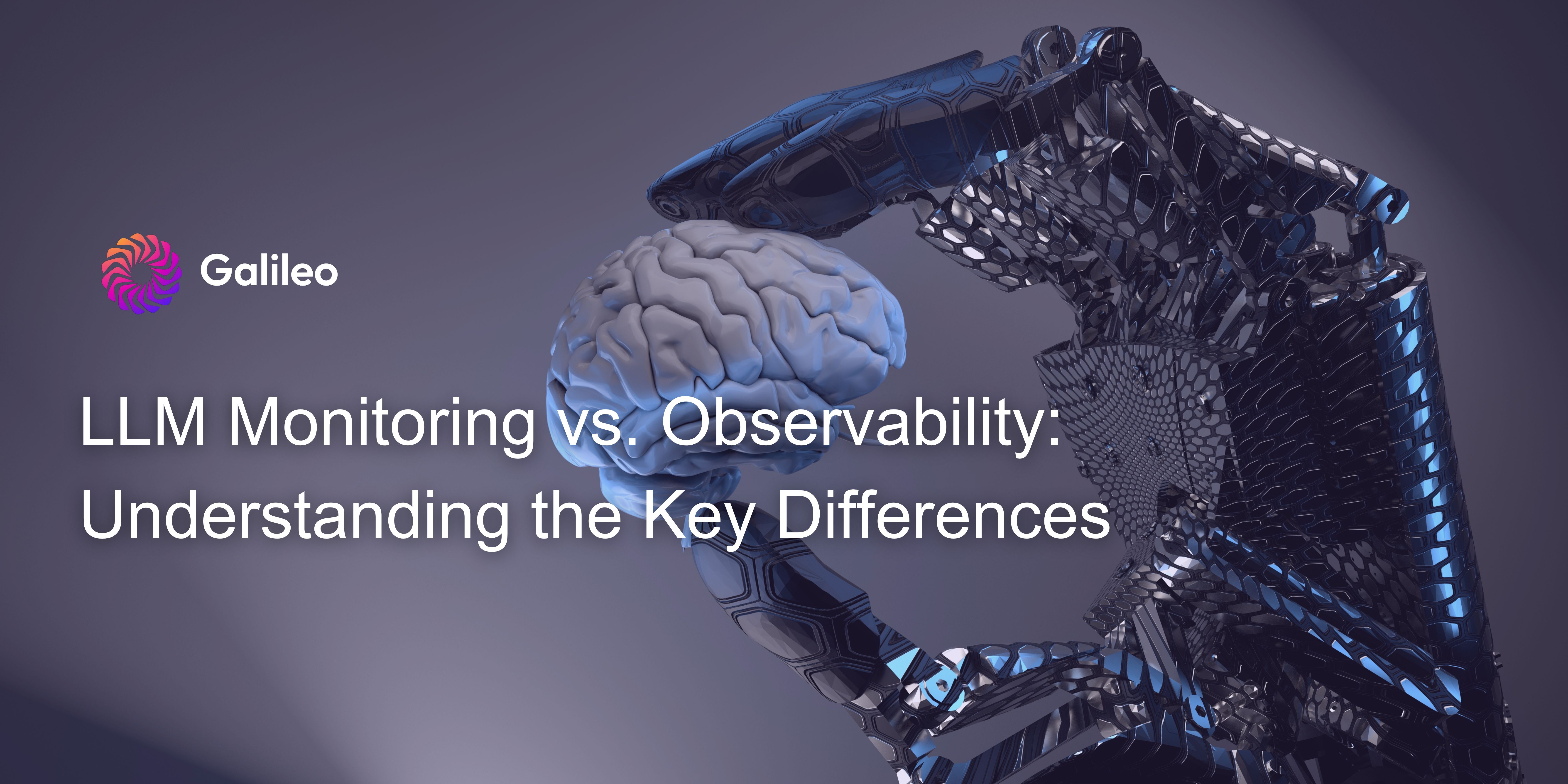 Futuristic robotic hand holding a human brain with the Galileo logo, emphasizing the concept of 'LLM Monitoring vs. Observability: Understanding the Key Differences' — illustrating the comparison of AI model oversight and insight tools.