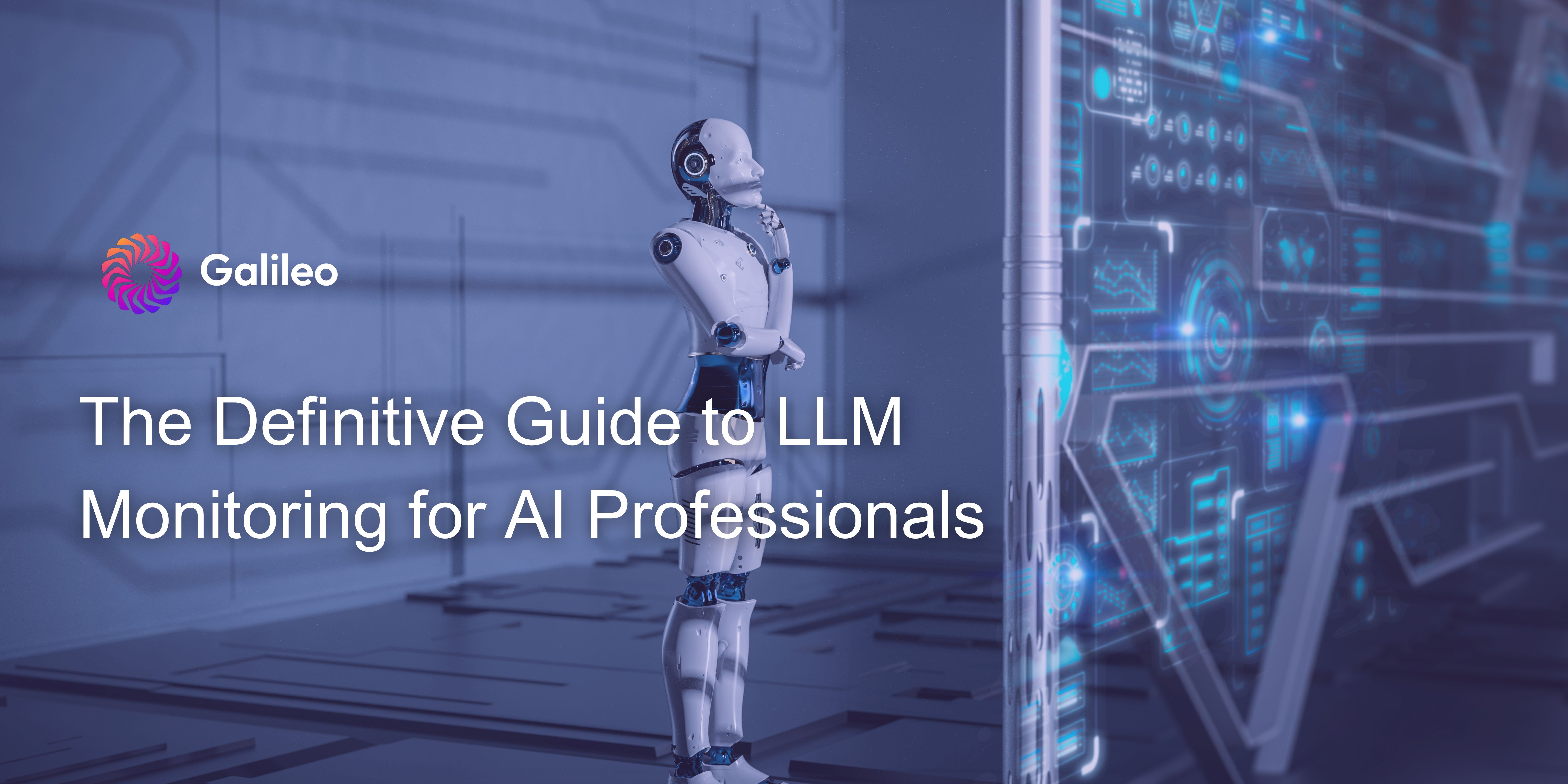 Robot observing a large digital interface displaying data visualizations, with the Galileo logo and title 'The Definitive Guide to LLM Monitoring for AI Professionals' — conveying comprehensive insights into monitoring large language models for AI experts.