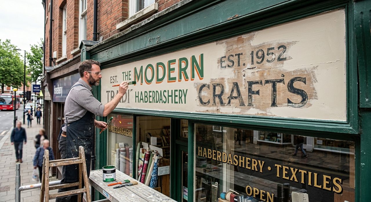A hand-painted shop sign being repainted, the old lettering still visible beneath the new.