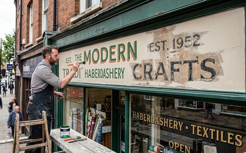 A hand-painted shop sign being repainted, the old lettering still visible beneath the new.