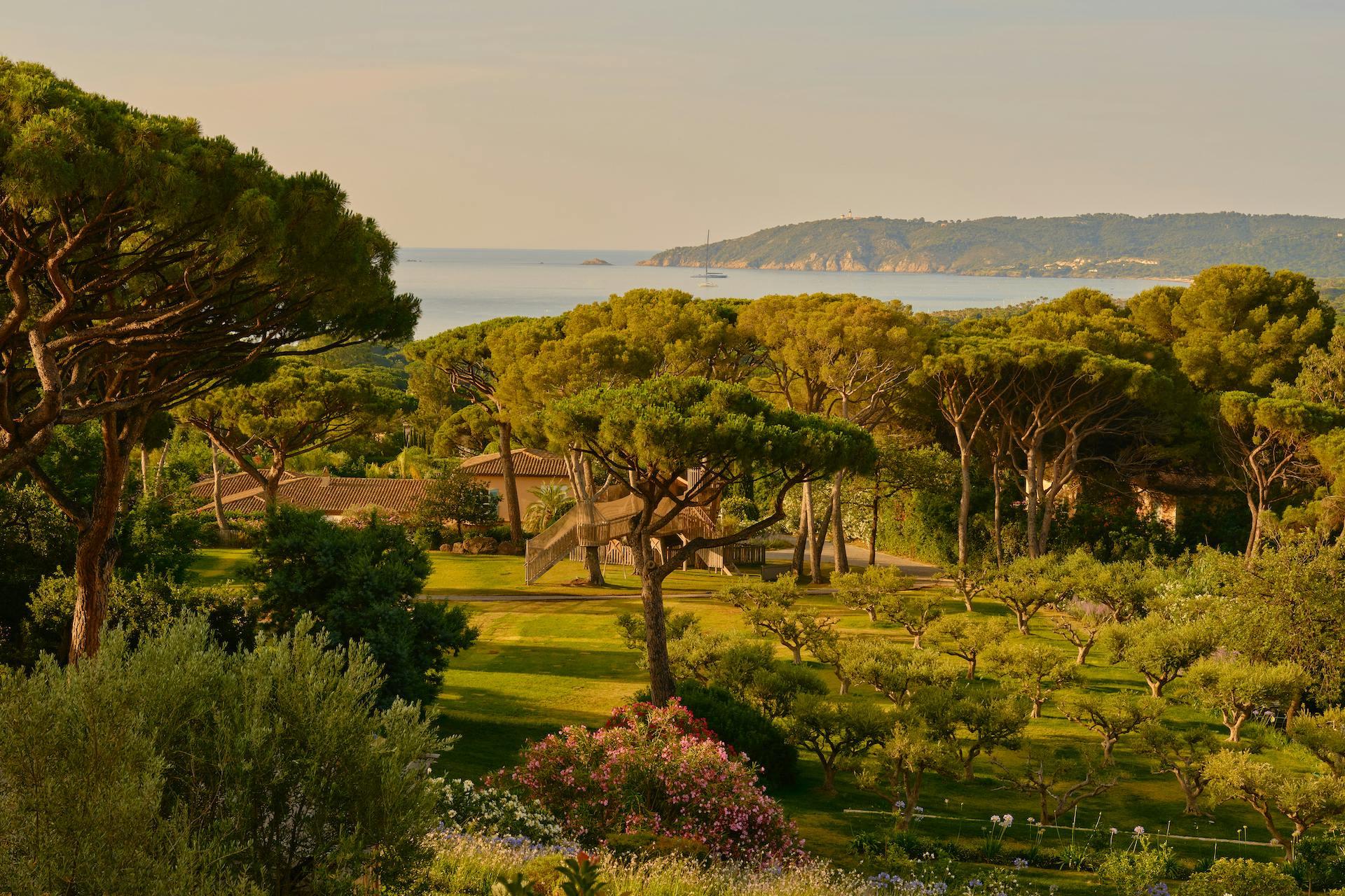 Château de La Messardière: expansive green gardens with scattered trees sloping toward distant coastline at golden hour