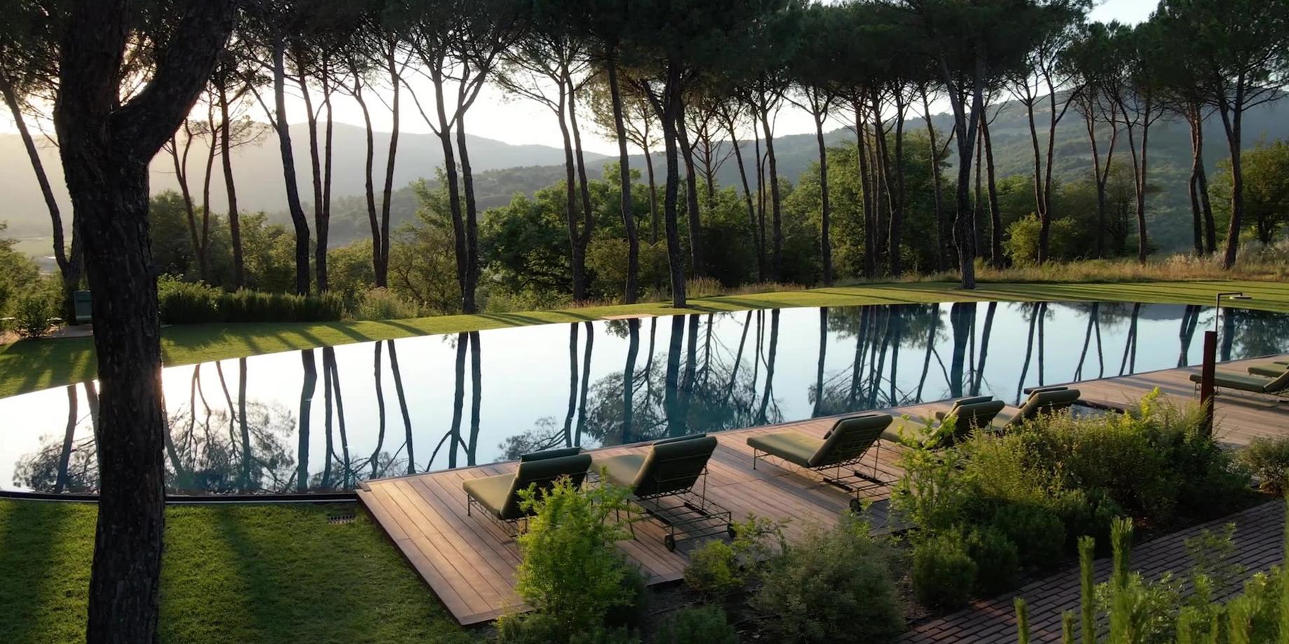Umbrian pines reflected in a still pool at dusk