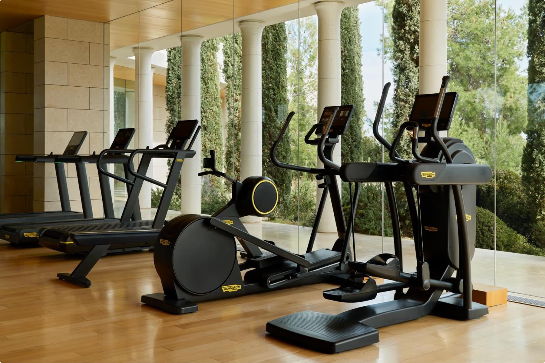 Amanzoe: fitness equipment and exercise bikes overlooking the sea