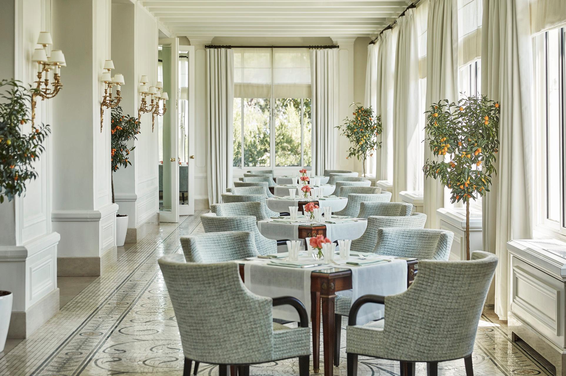 Elegant dining room with tall windows, potted plants, and tables set in soft light
