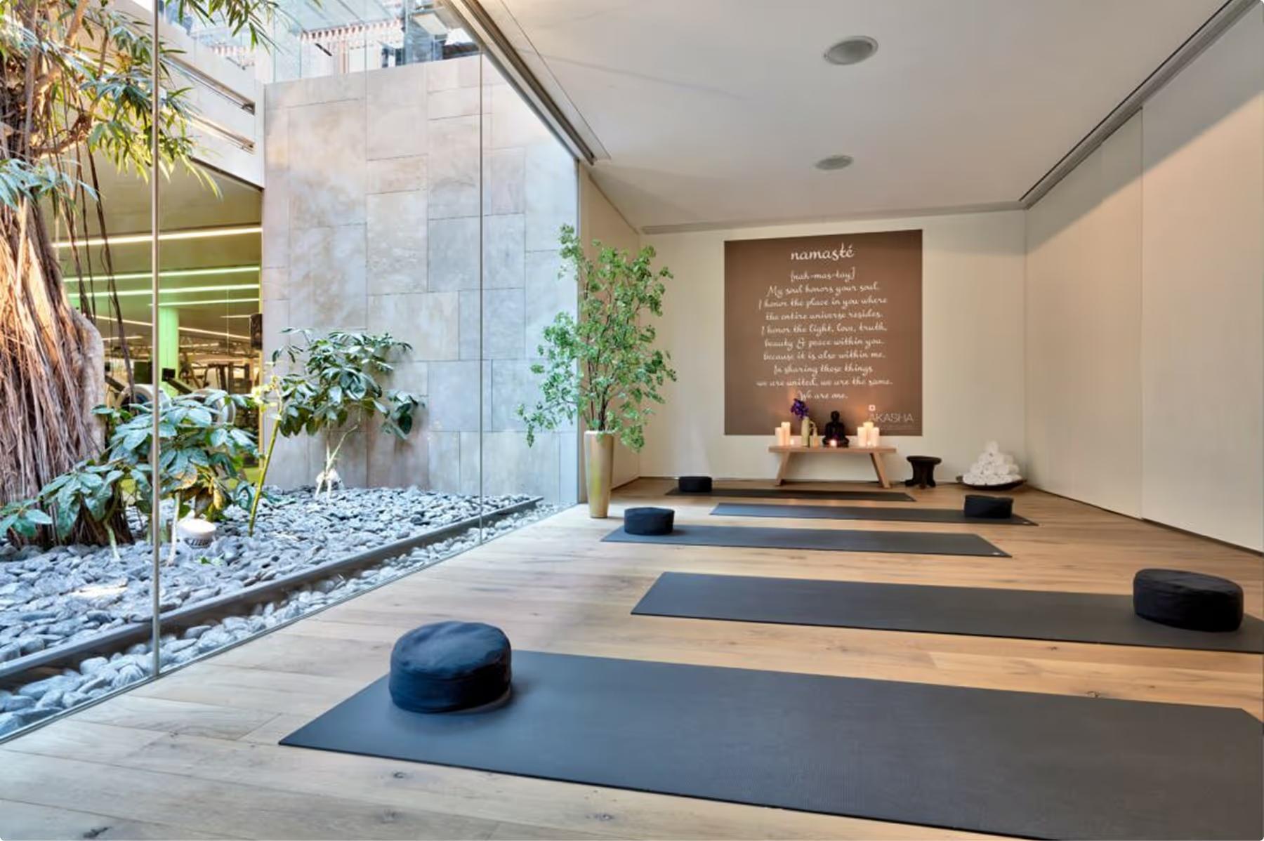 Mandarin Oriental Conservatorium, Amsterdam: yoga studio with mats, indoor plants, wood flooring, and minimalist design
