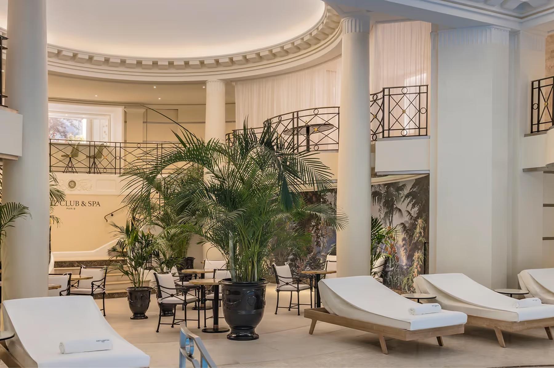 Ritz Paris: the spa area with domed ceiling, potted plants, loungers, and classical architectural detailing