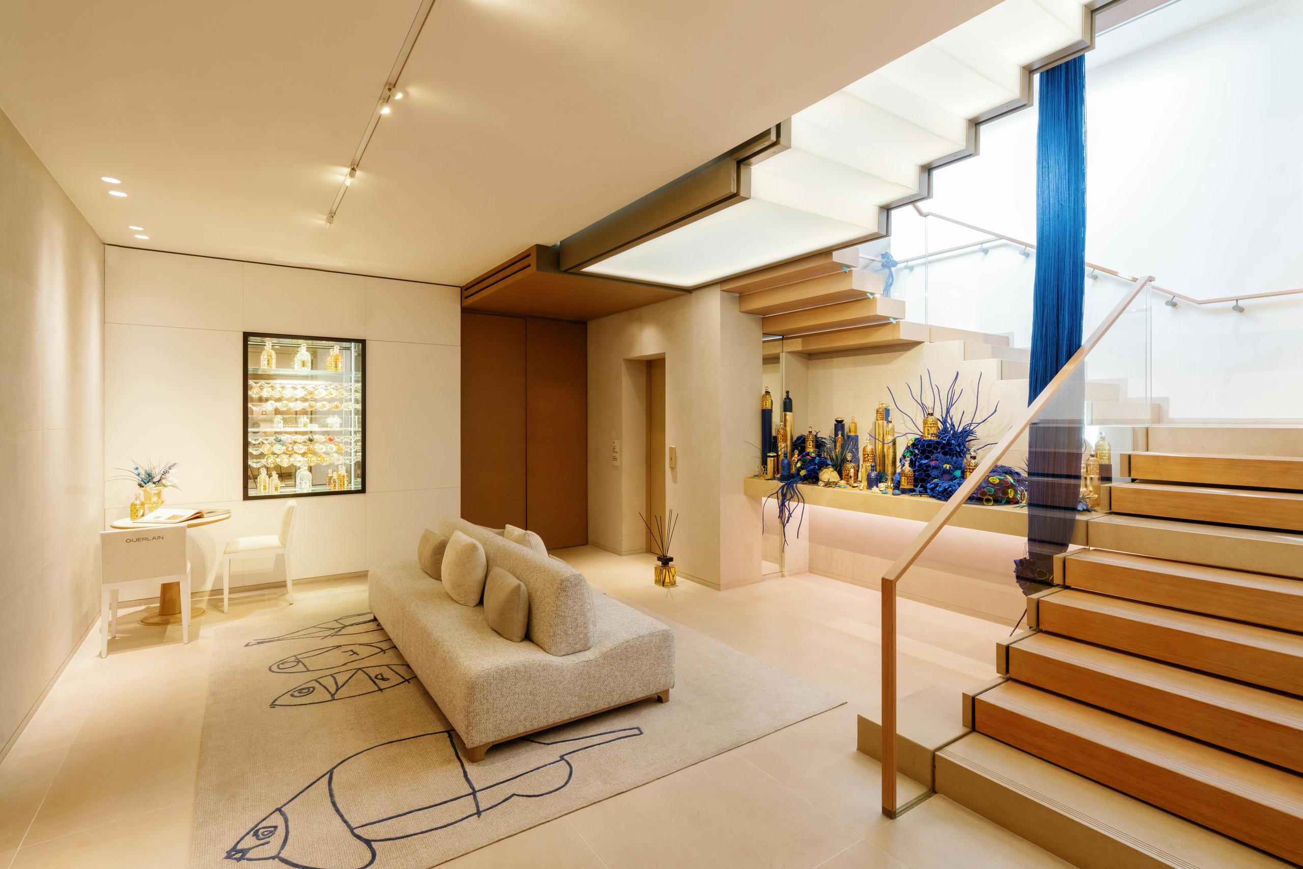 Cheval Blanc St-Tropez: modern spa entry with light wood and cream seating