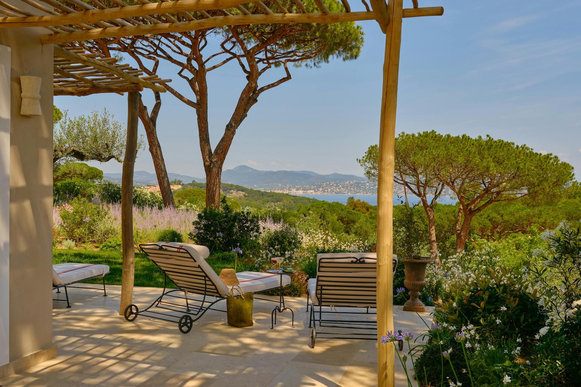 Covered terrace under tall umbrella pine with layered landscape and sea views beyond