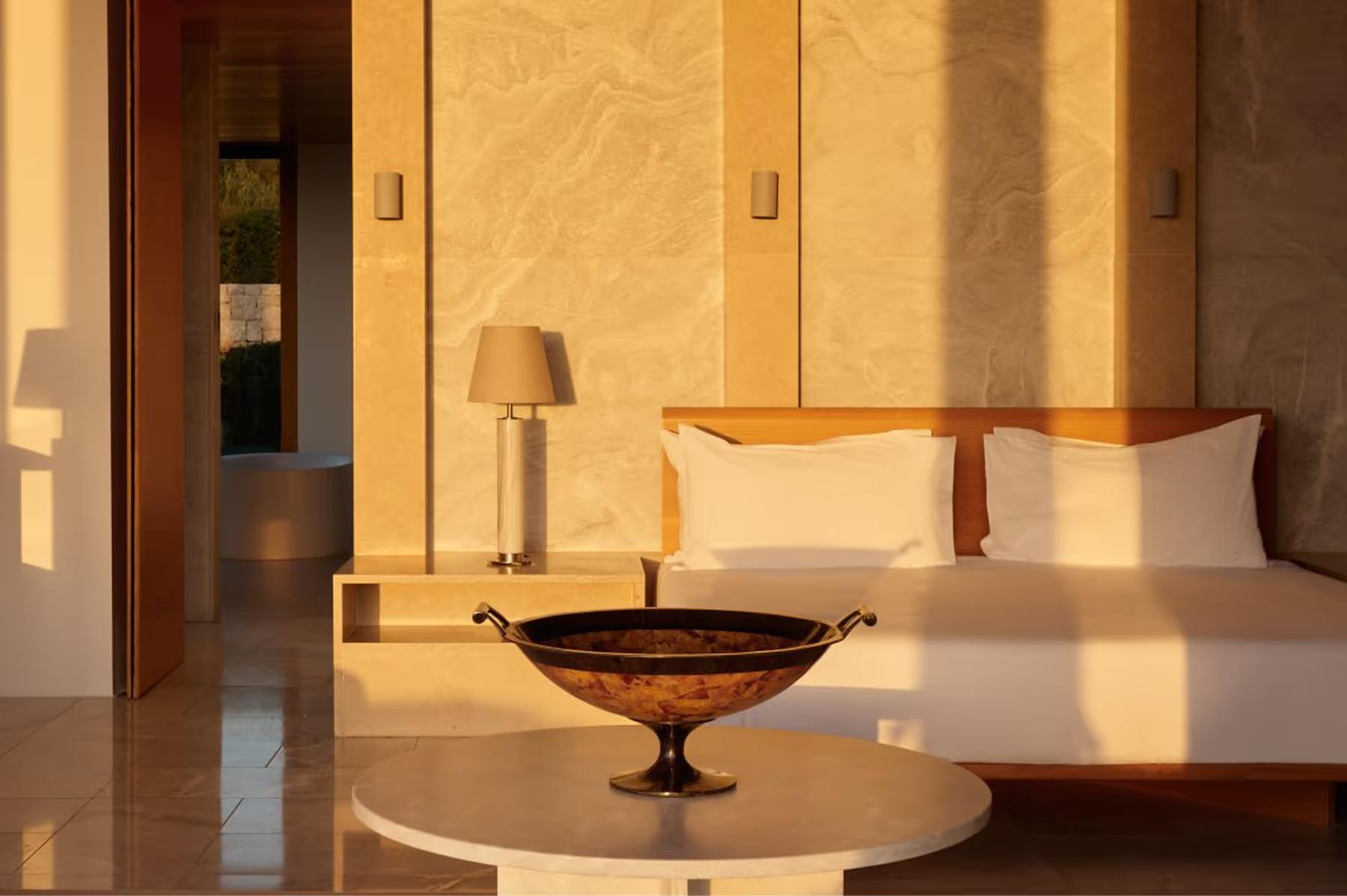 Bedroom interior with warm wood doors and soft golden ambient lighting