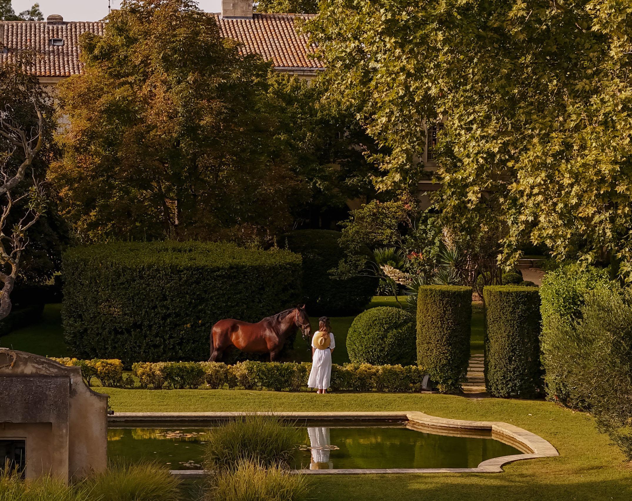 Equestrian guest on horseback in manicured garden with sculpted hedges and olive trees
