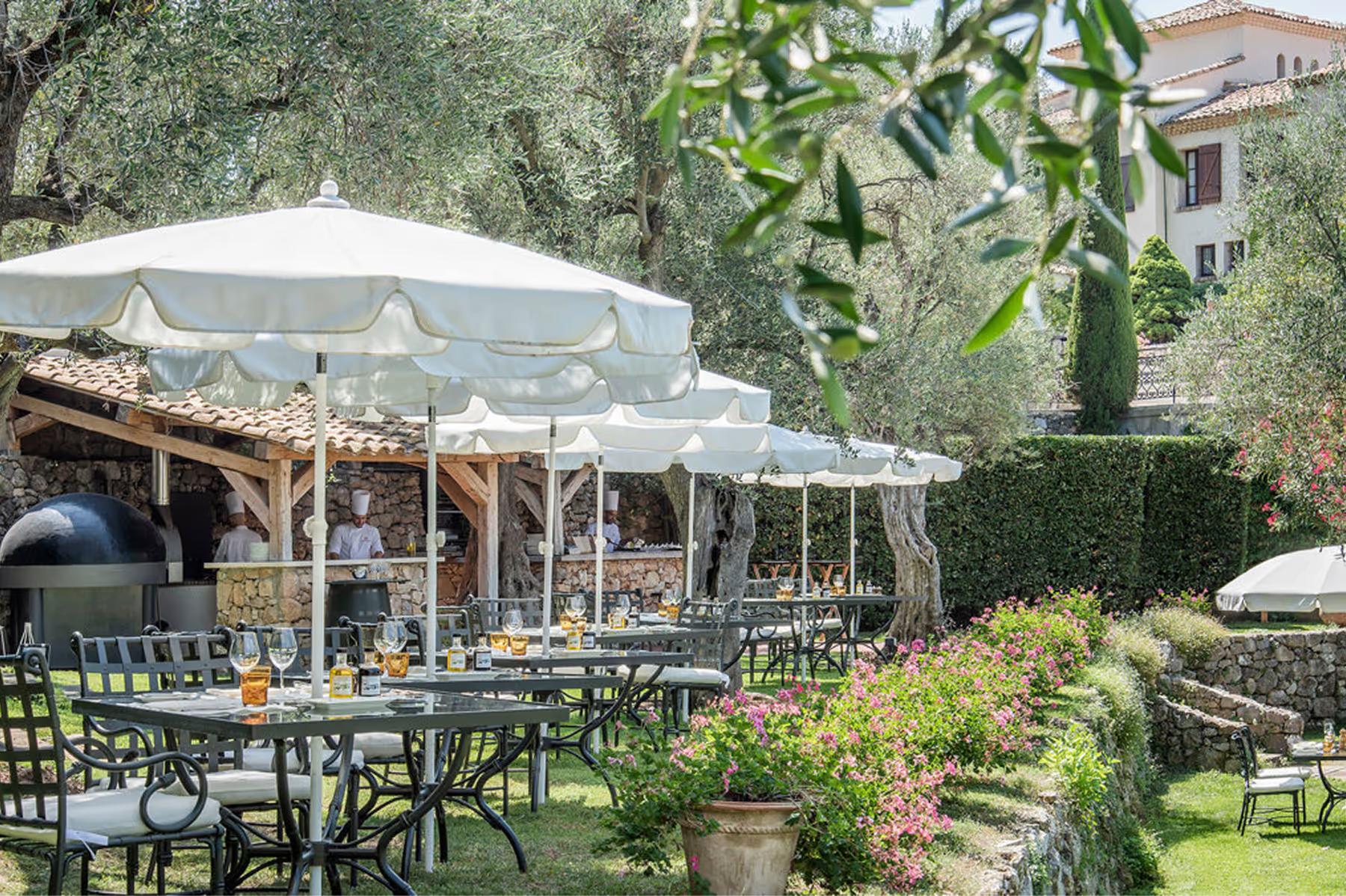 Garden café with white umbrellas, olive trees, and lounge seating