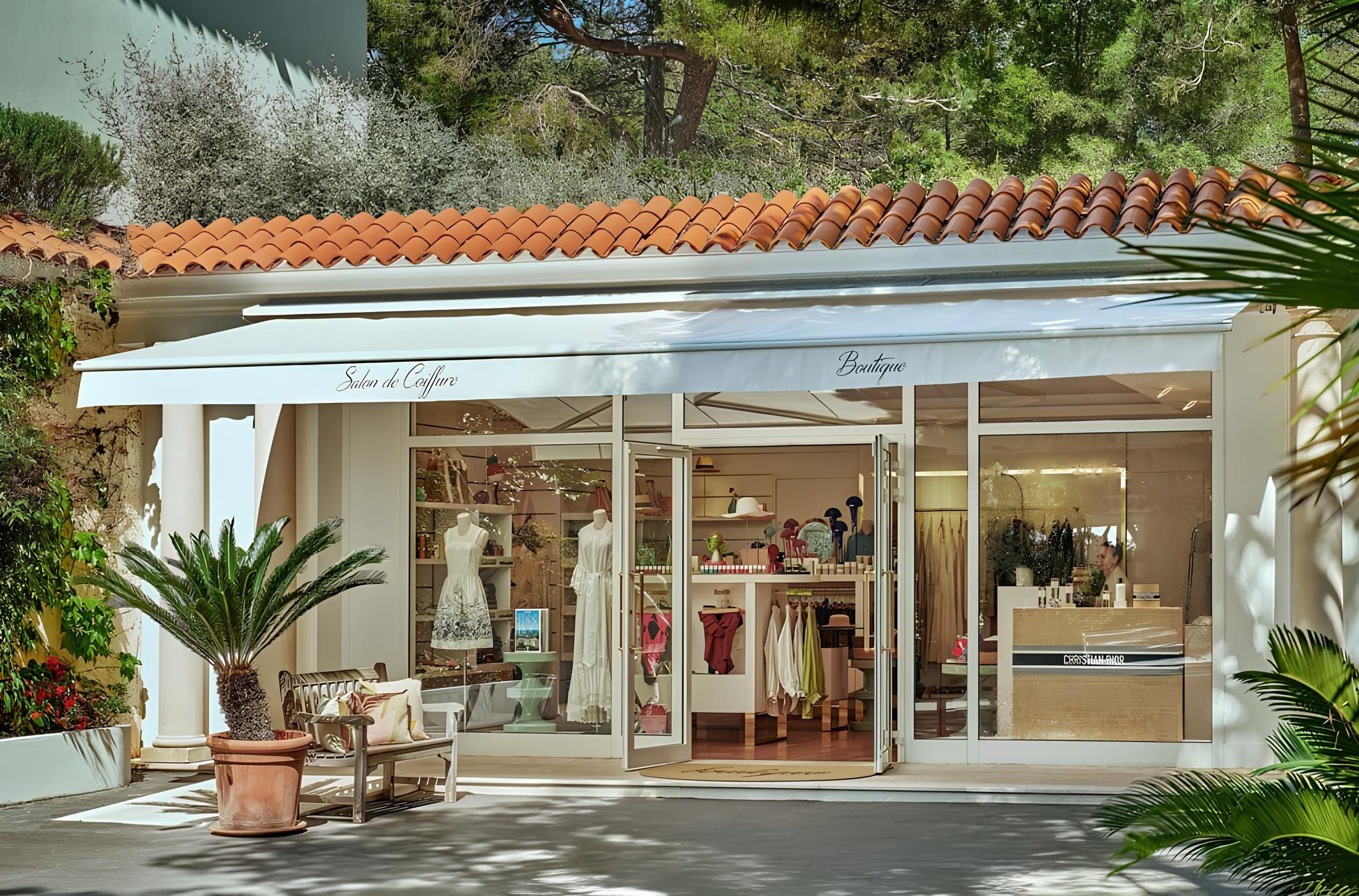 Hôtel du Cap-Eden-Roc: a boutique interior with shelving, retail displays, and soft cream interior finishes