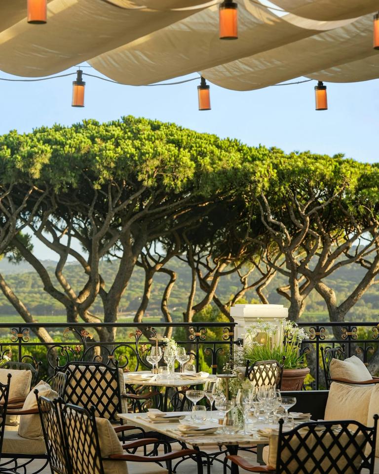 The terrace at Matsuhisa Saint-Tropez, under a canopy hung with lanterns
