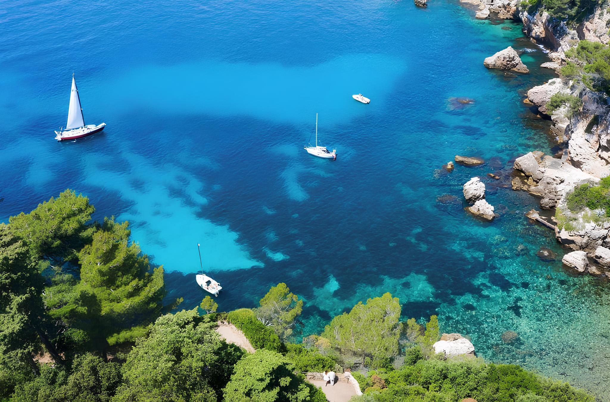 An aerial view of turquoise water and sailboats near rocky outcrops and green pine-covered shores