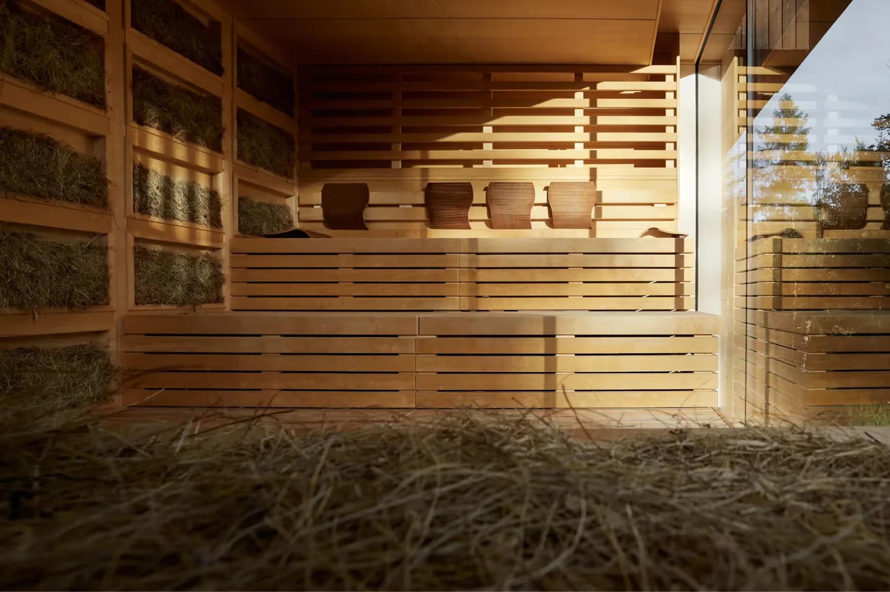 Sauna building in wood with slatted walls and open entrance lit by warm afternoon sun