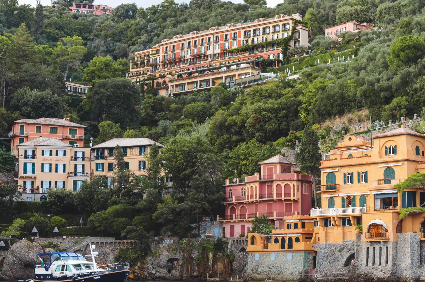 Splendido: pastel-colored buildings in the village of Portofino stacked on the hillside