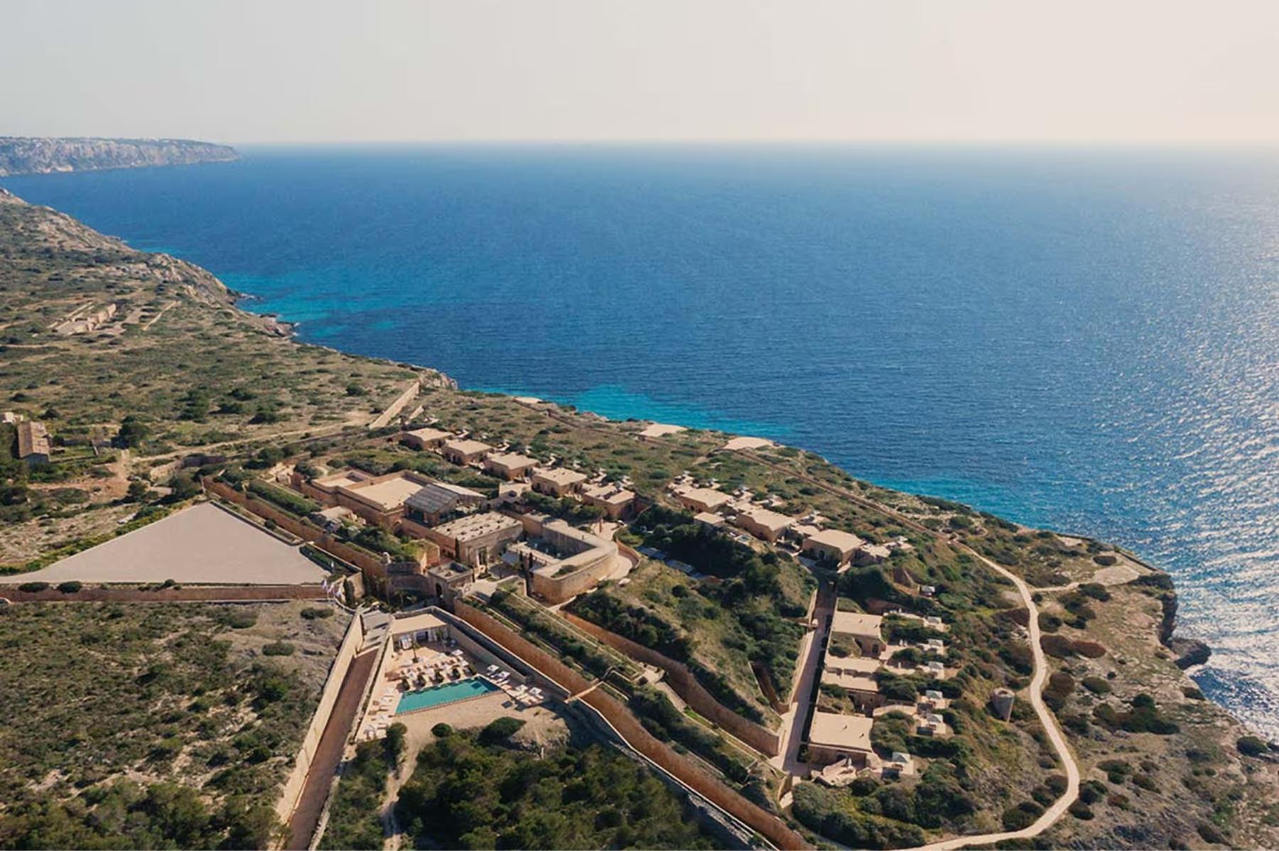 Cap Rocat: an aerial view of the fortress and coastline terraces integrated into the natural reserve