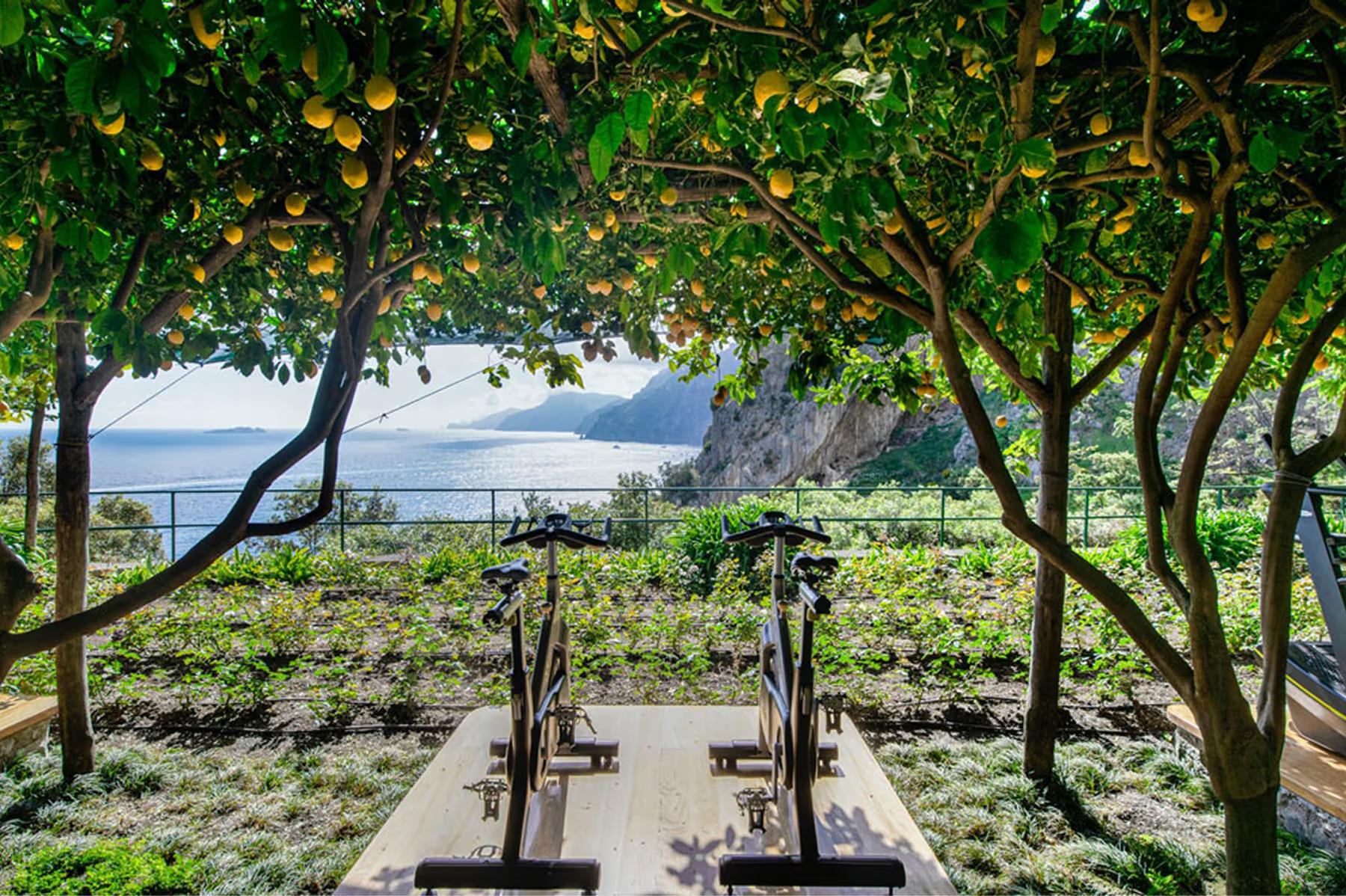 Il San Pietro di Positano: modern gym with equipment, wooden finishes, white columns, and coastal light