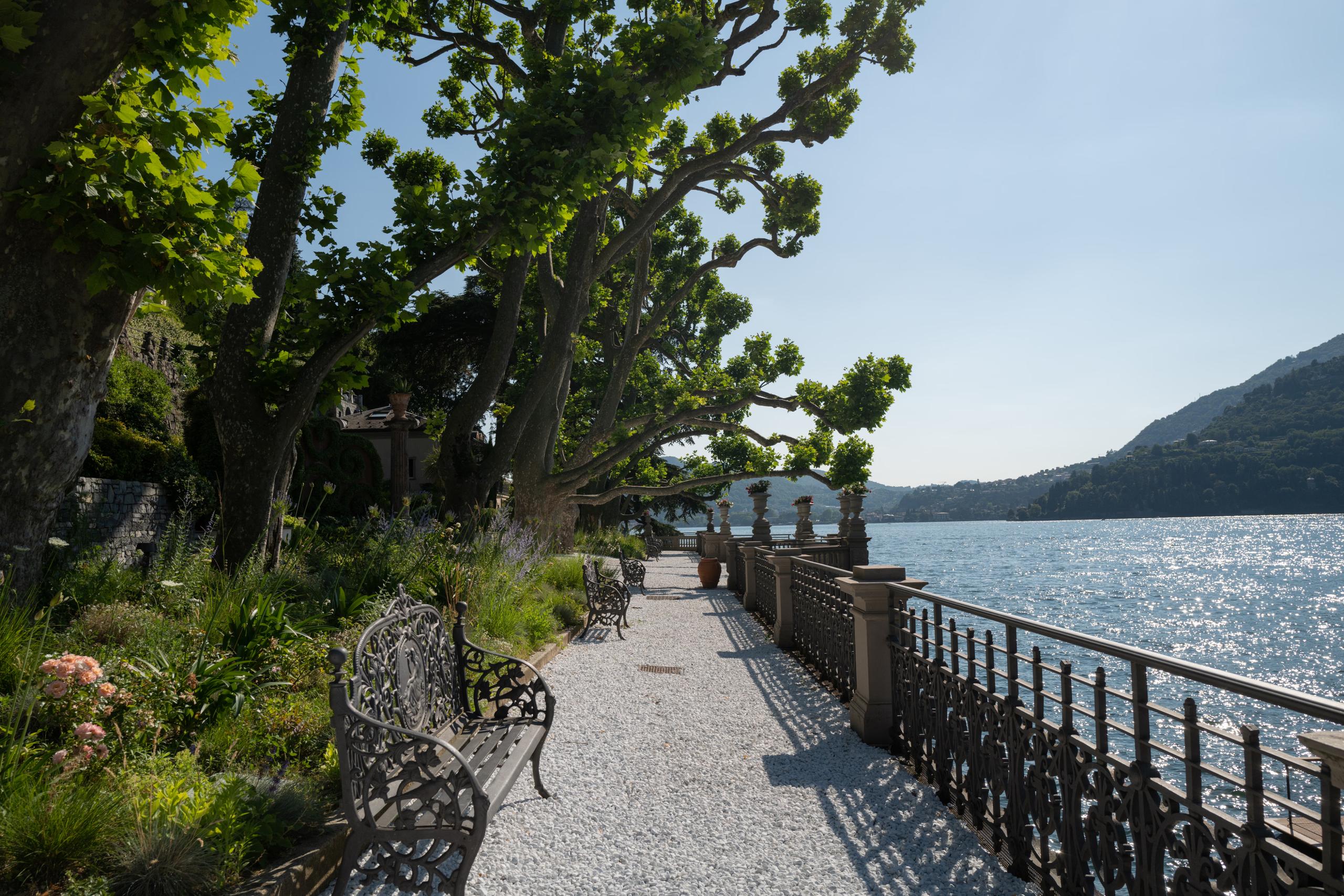 Waterfront pathway lined with mature trees, railing, and distant mountain peaks across the lake