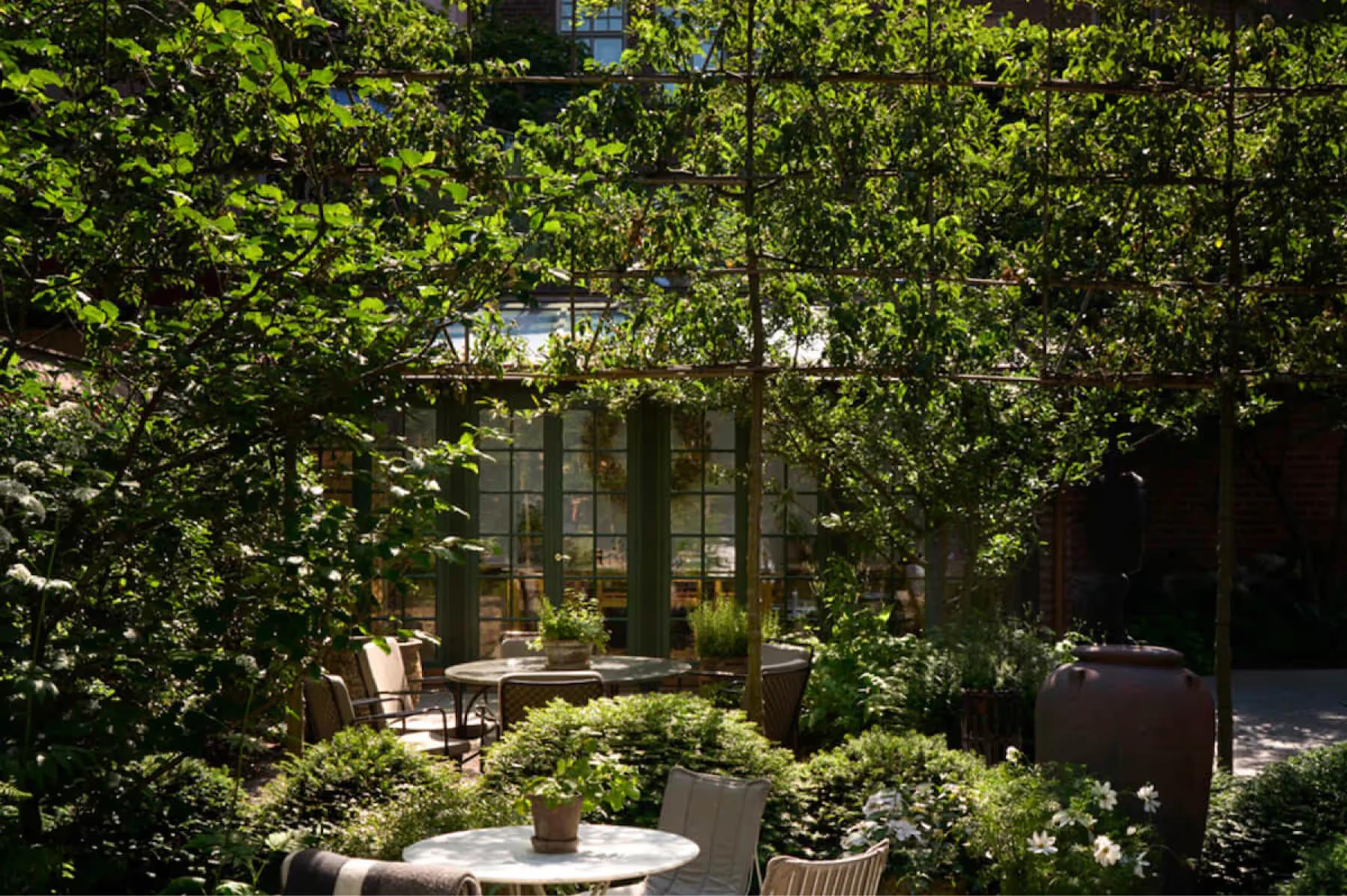 A landscaped courtyard garden with lush greenery, seating, and a glass-walled pavilion