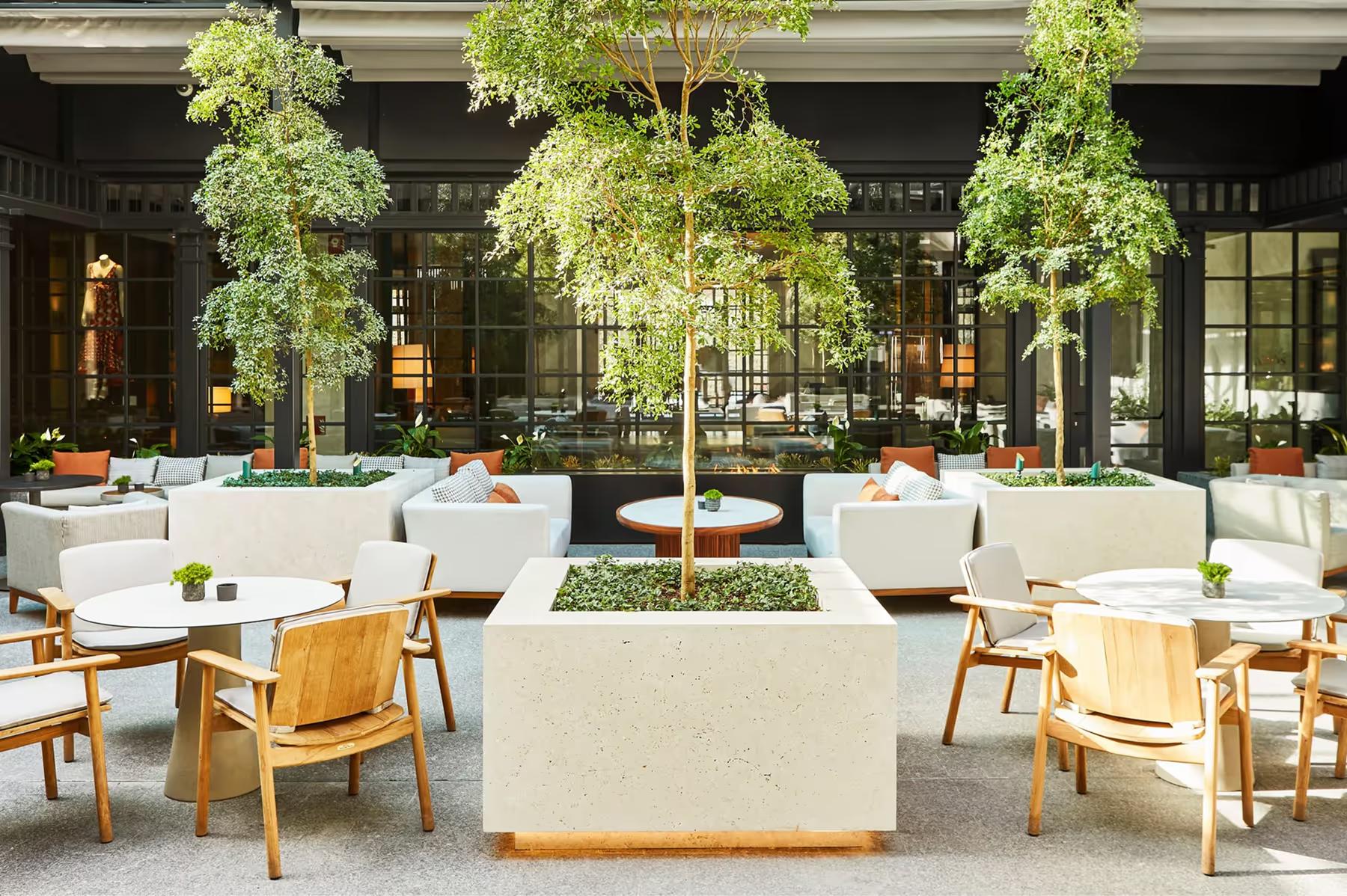 Rosewood Villa Magna: the hotel courtyard with lush hanging trees, white marble seating, and wooden chairs