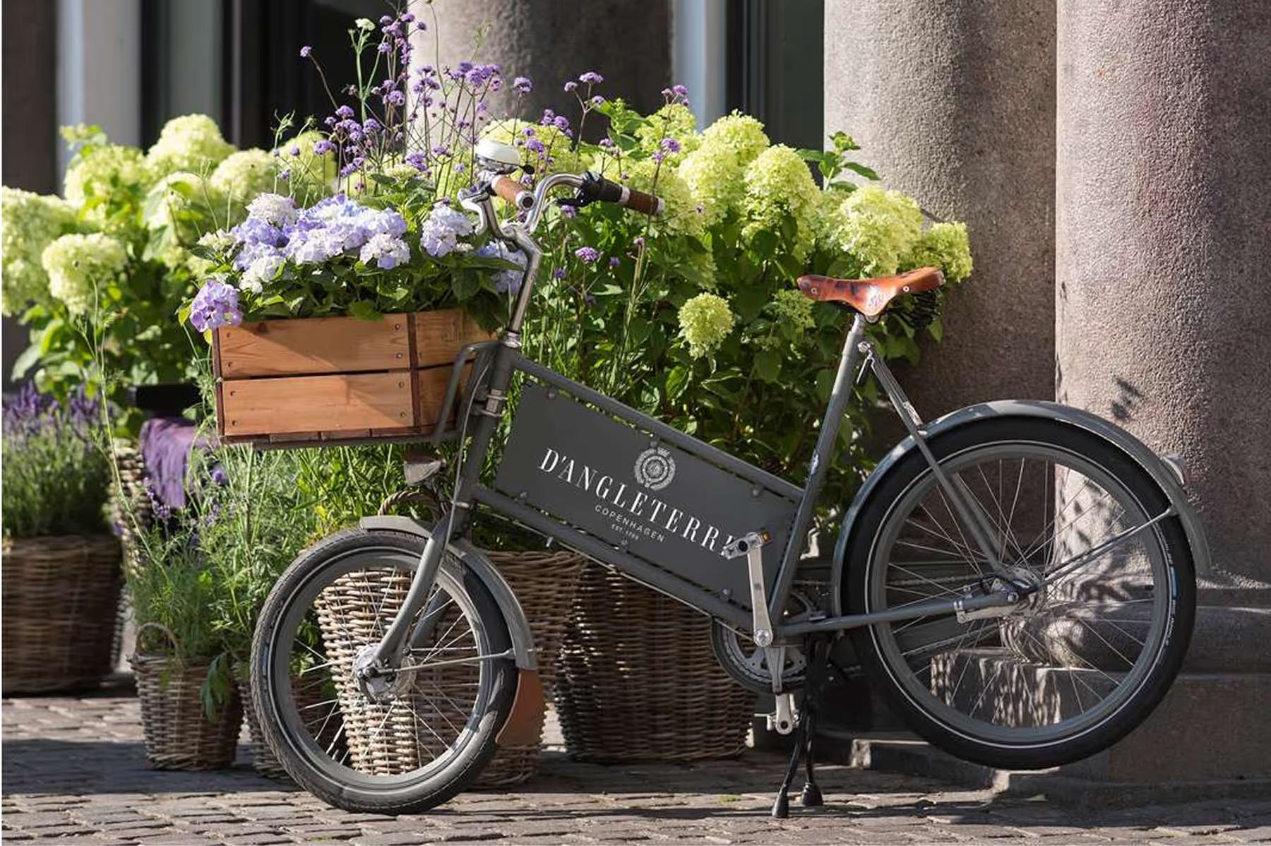 Hotel d’Angleterre: delivery bicycle with flowers parked on square in front of hotel