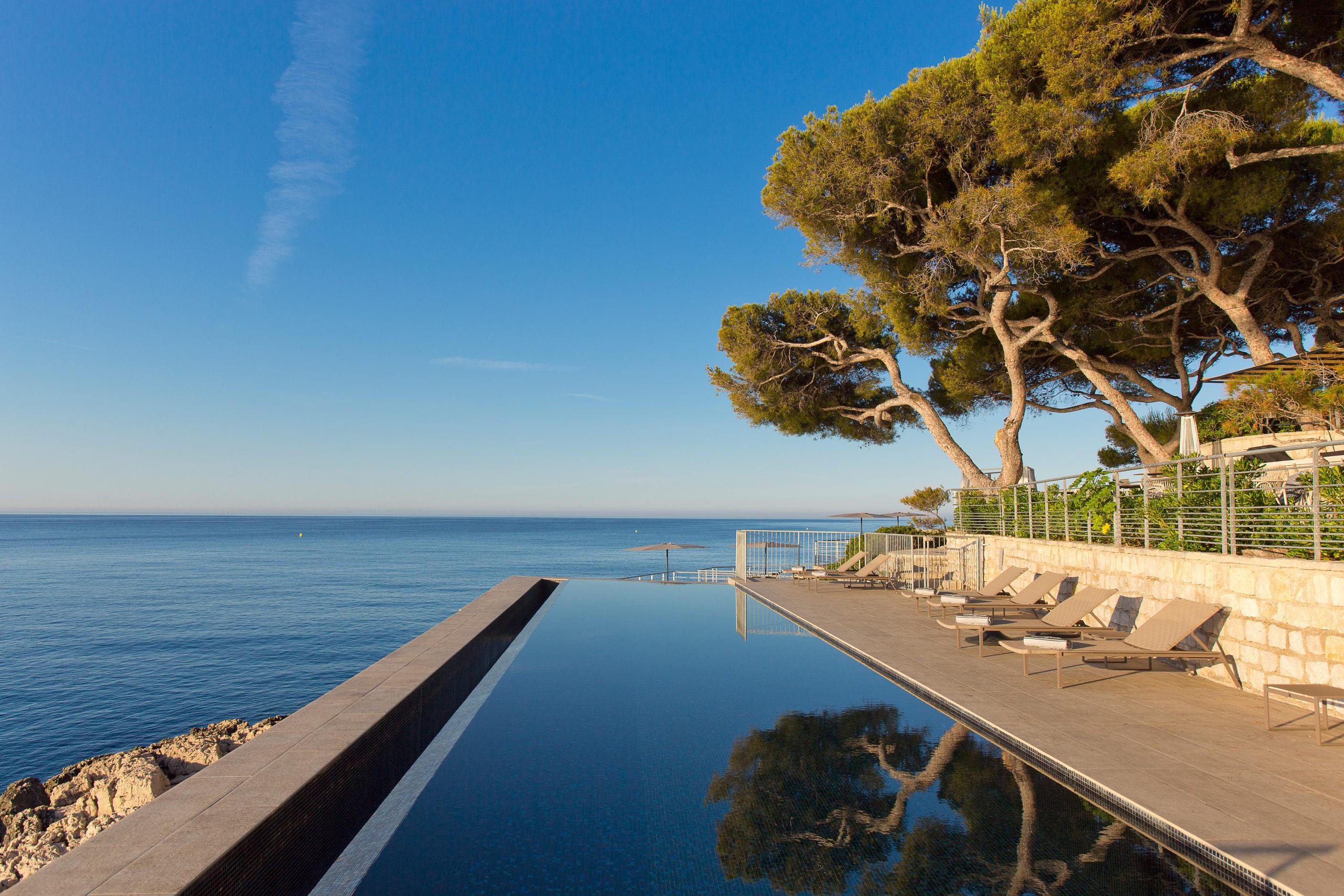 Les Roches Blanches: the infinity pool edge with a tall pine tree and Mediterranean Sea in the distance at midday