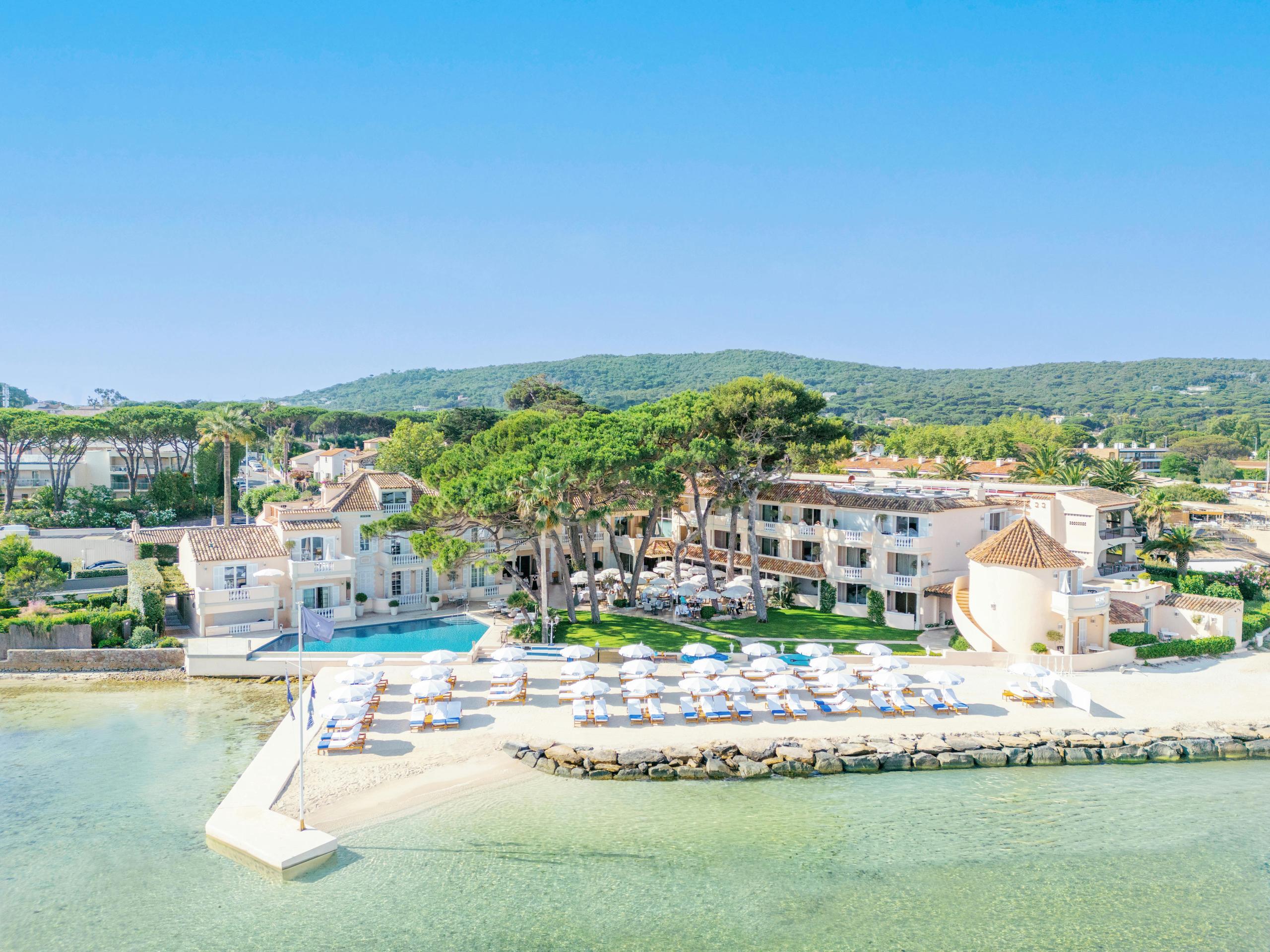 Cheval Blanc St-Tropez: aerial view of villa complex with pools overlooking Mediterranean